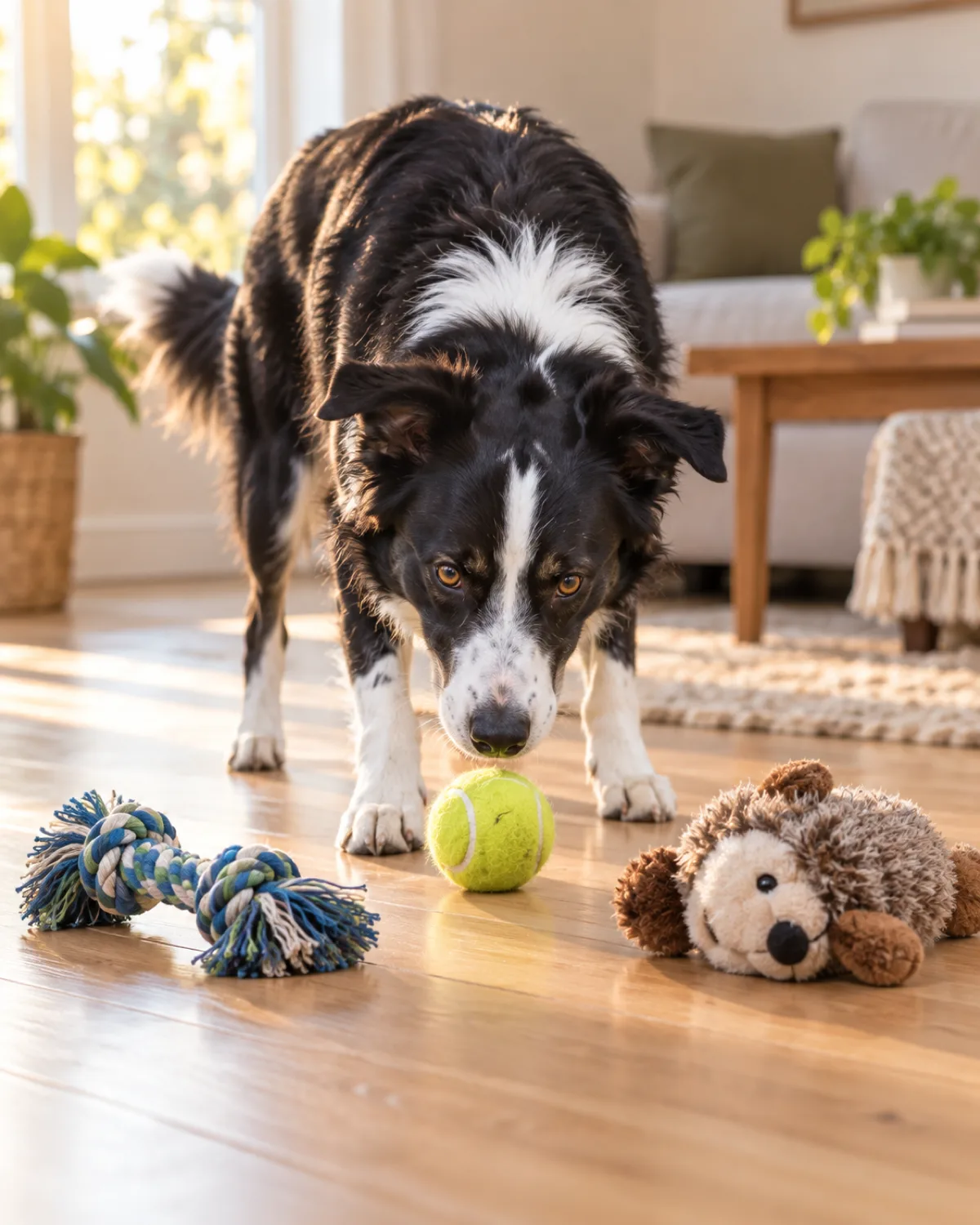 a medium athletic dog with a black-and-white coat white blaze collar and chest medium fur semi-erect ears standing on a light hardwood floor indoors looking down and sniffing one of three different toys laid out in front of it a yellow tennis ball a braided rope toy and a soft plush toy natural window light from the left