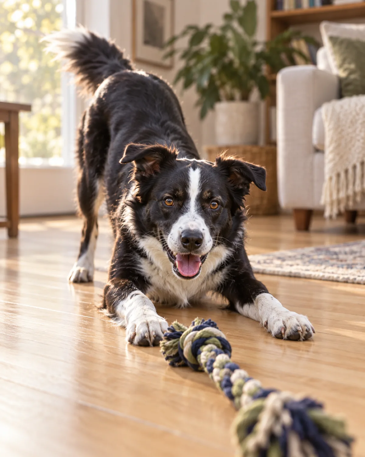 a medium athletic dog with a black-and-white coat white blaze collar and chest medium fur semi-erect ears in a play bow position front legs stretched low rear end raised on a light hardwood floor a braided rope toy being dragged in front of it excited and focused expression warm natural light