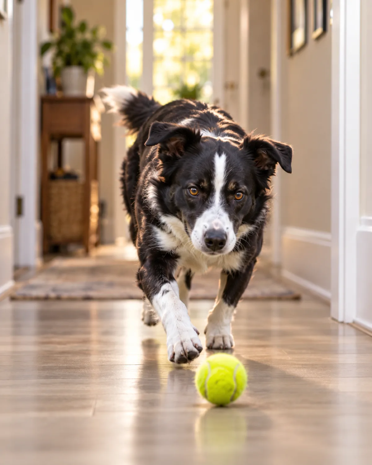 a medium athletic dog with a black-and-white coat white blaze collar and chest medium fur semi-erect ears chasing a yellow tennis ball rolling along a light-colored indoor hallway floor head low and focused on the ball the hallway narrowing in perspective behind natural light from a window at the end