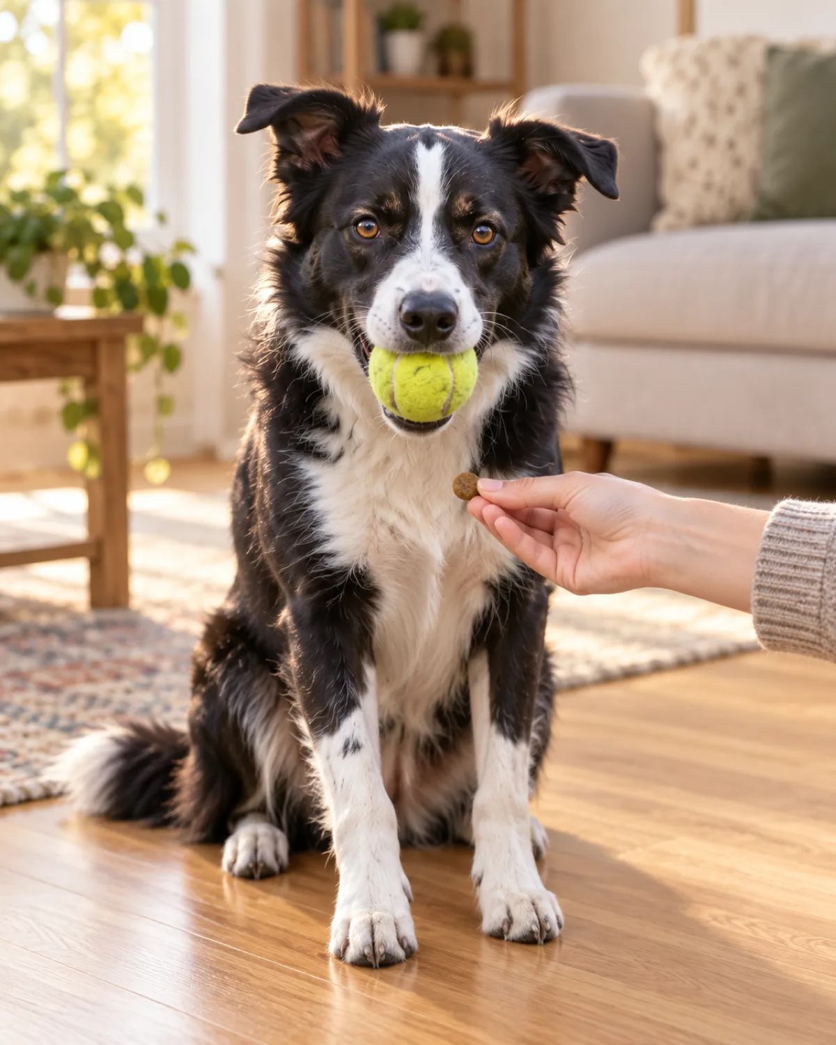 a medium athletic dog with a black-and-white coat white blaze collar and chest medium fur semi-erect ears sitting on a light hardwood floor with a yellow tennis ball held in its mouth a person hand with all five fingers together flat reaching toward the dog chest area offering a small treat warm indoor light