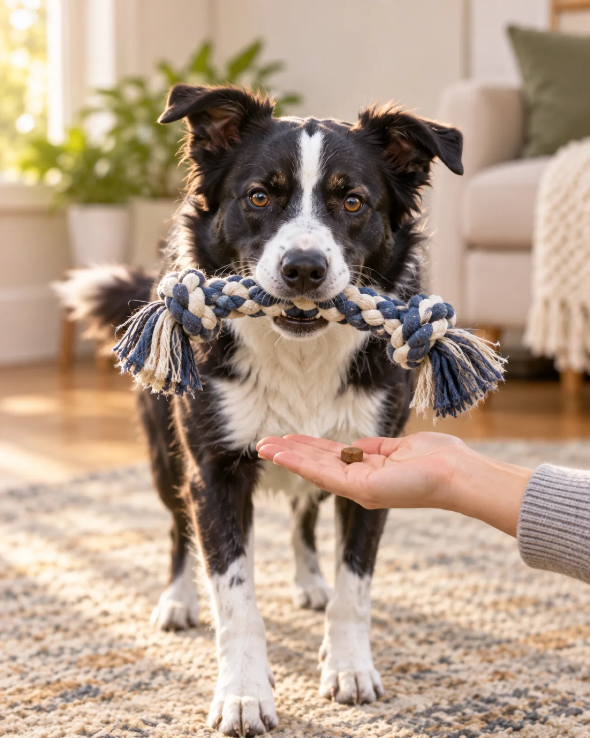 a medium athletic dog with a black-and-white coat white blaze collar and chest medium fur semi-erect ears holding a braided rope toy in its mouth indoors a person hand with all five fingers together flat held palm-up beneath the dog chin with a small treat on the open palm trading gesture light-colored wall background warm natural light