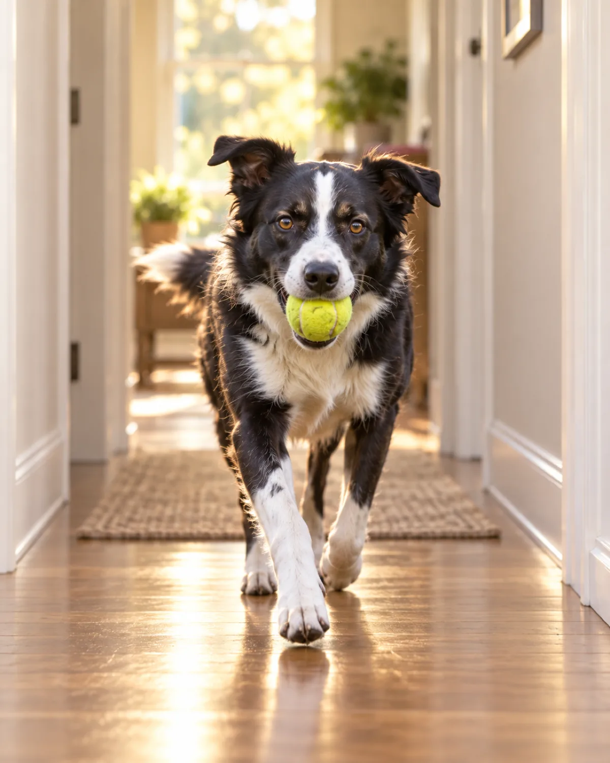 a medium athletic dog with a black-and-white coat white blaze collar and chest medium fur semi-erect ears trotting back through a light-colored indoor hallway with a yellow tennis ball in its mouth the hallway walls creating a natural channel warm natural light from a window behind