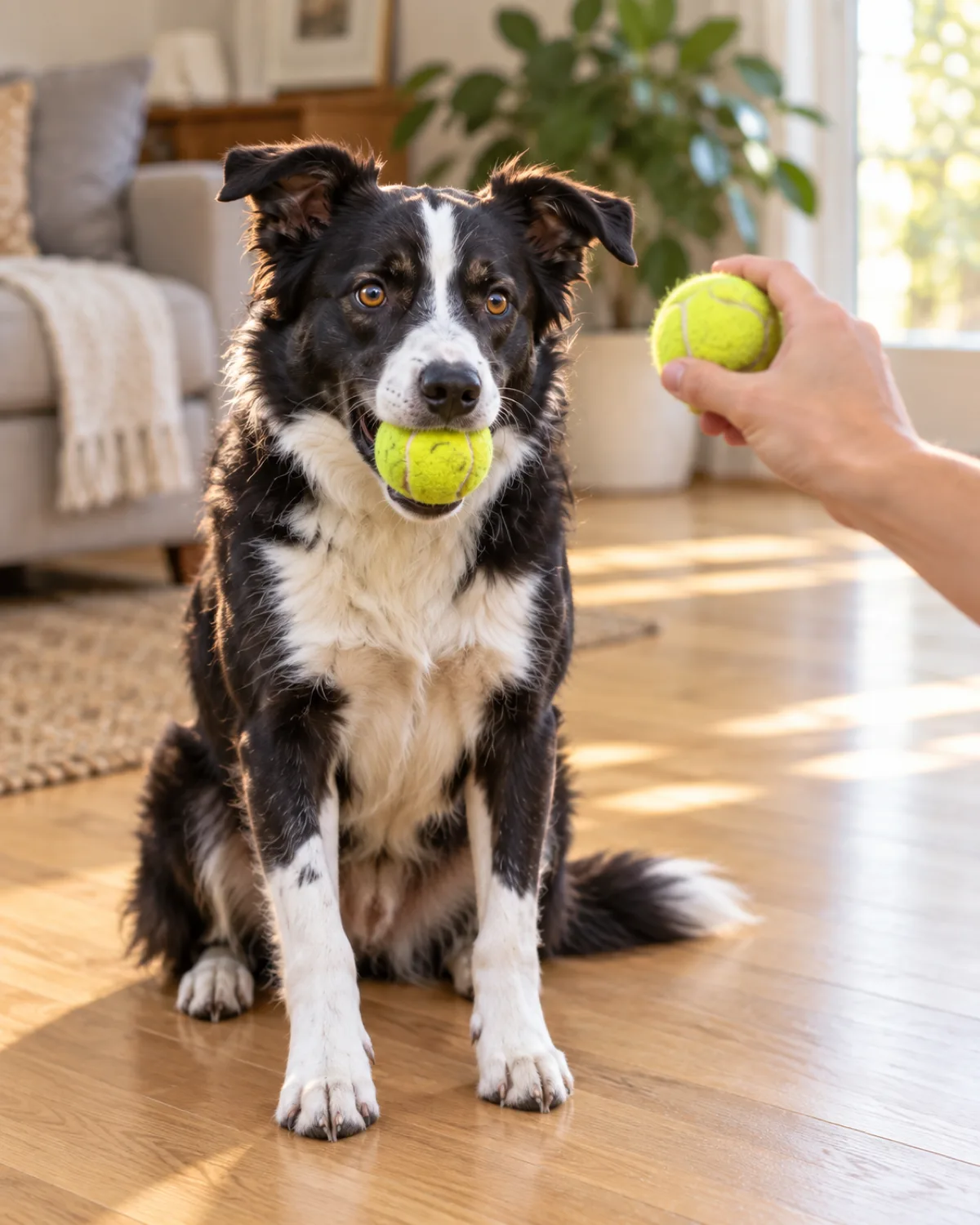a medium athletic dog with a black-and-white coat white blaze collar and chest medium fur semi-erect ears sitting on a light hardwood floor with a yellow tennis ball in its mouth while a person hand with all five fingers together flat holds up an identical yellow tennis ball at the dog eye level to the right of frame the dog looking at the second ball with interest warm indoor light