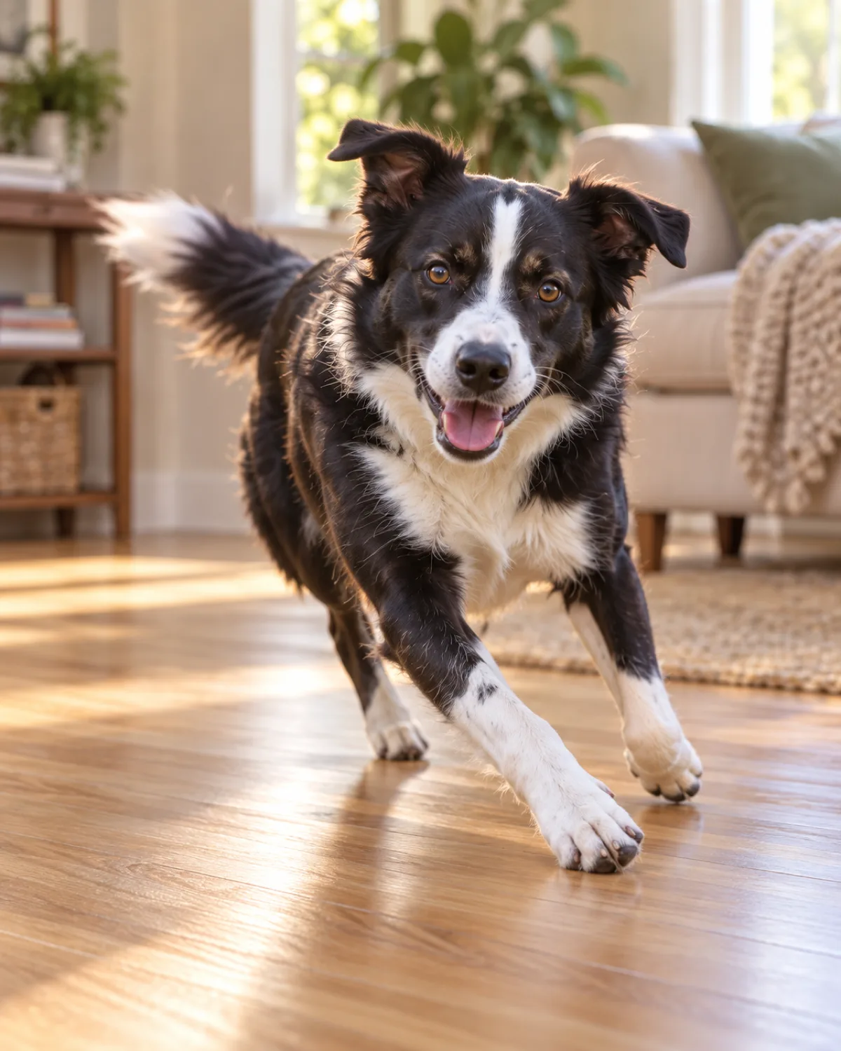 a medium athletic dog with a black-and-white coat white blaze collar and chest medium fur semi-erect ears captured mid-turn indoors on a light hardwood floor pivoting its body to run back toward the camera ears perked forward tail wagging in motion blur excited expression warm natural light from a nearby window
