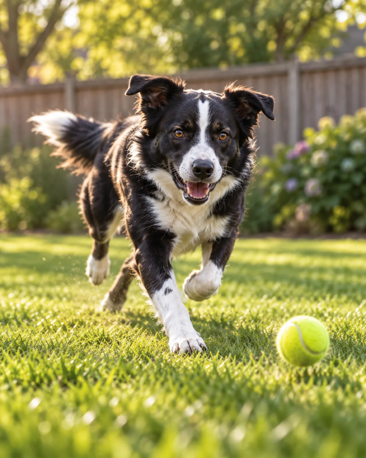 a medium athletic dog with a black-and-white coat white blaze collar and chest medium fur semi-erect ears sprinting at full speed across a green fenced grass yard chasing a yellow tennis ball bouncing ahead bright sunny day the wooden fence visible in the background dynamic action shot with slight motion