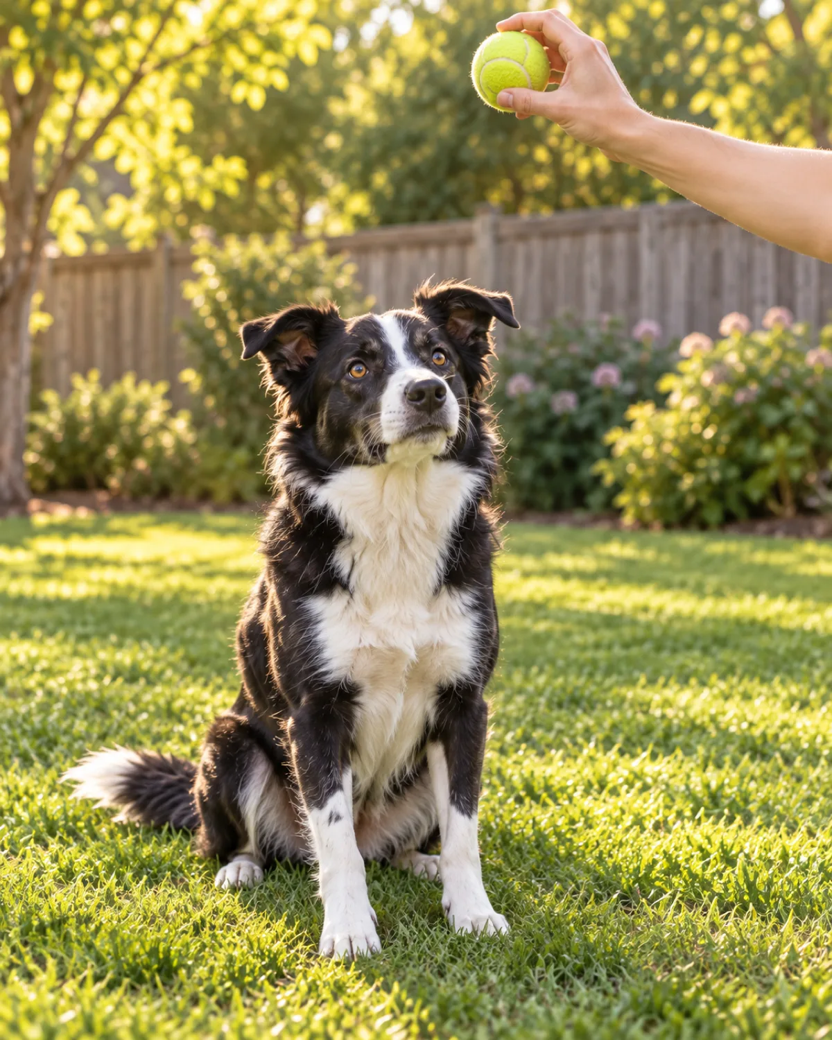 a medium athletic dog with a black-and-white coat white blaze collar and chest medium fur semi-erect ears sitting on green grass in a fenced yard looking upward with an eager and expectant expression no ball in mouth a person arm raised high holding a yellow tennis ball about to throw bright natural sunlight