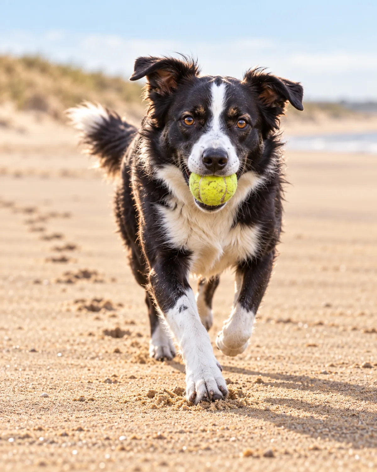 a medium athletic dog with a black-and-white coat white blaze collar and chest medium fur semi-erect ears running on a sandy beach surface with a yellow tennis ball in its mouth paw prints visible in the sand behind fur slightly windblown bright natural coastal light