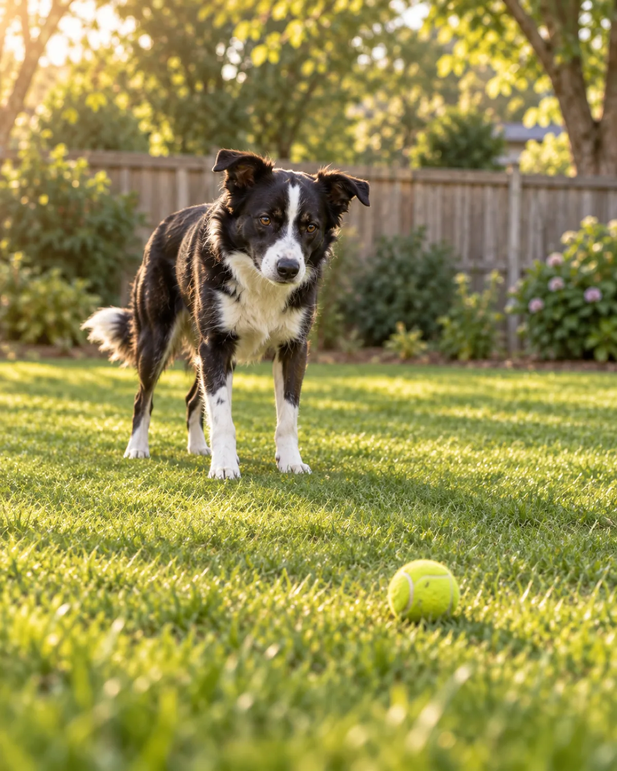 a medium athletic dog with a black-and-white coat white blaze collar and chest medium fur semi-erect ears standing on green grass in a yard about ten feet from a yellow tennis ball lying on the ground the dog looking at the ball with a hesitant uncertain expression body slightly turned natural afternoon light fenced yard