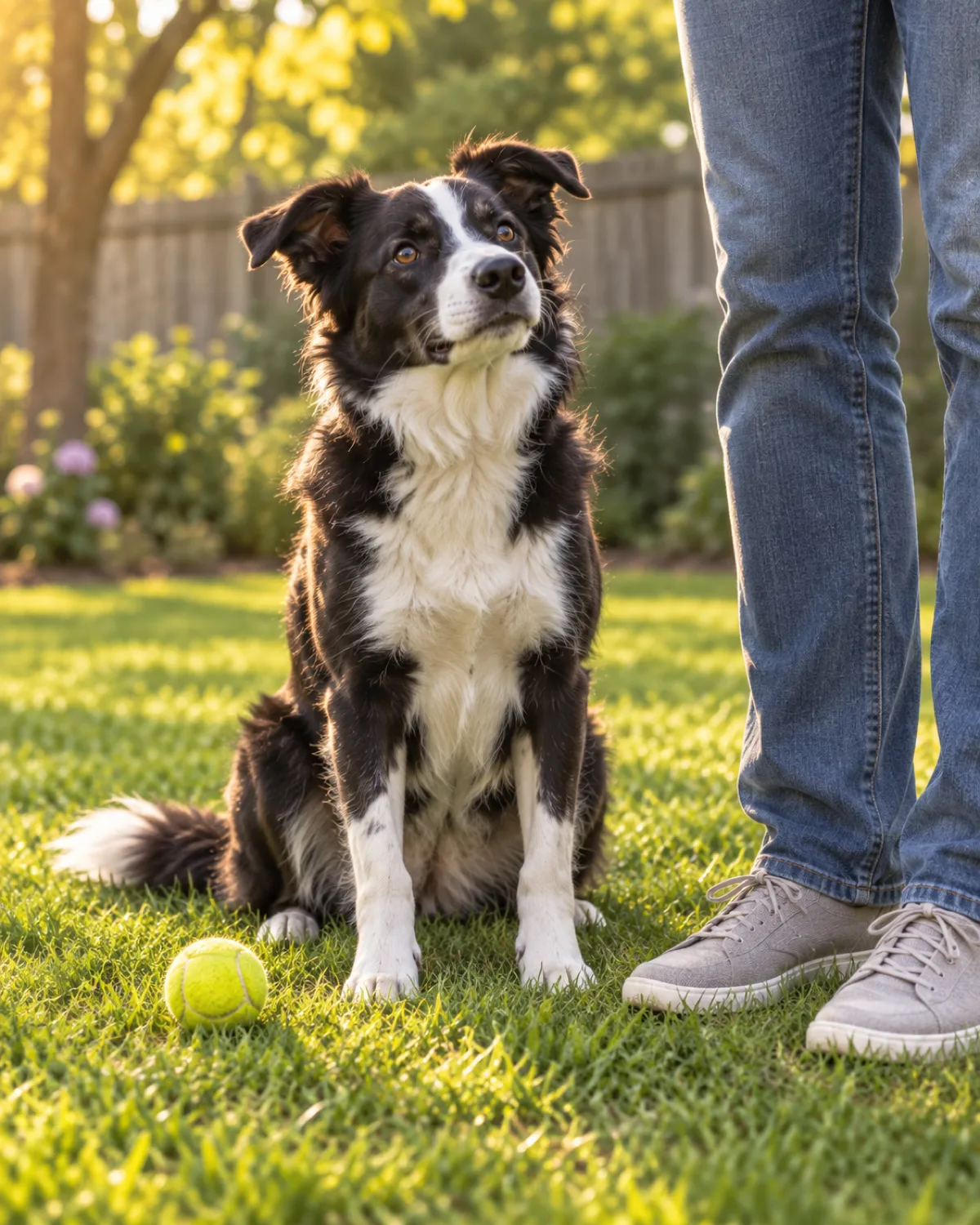 a medium athletic dog with a black-and-white coat white blaze collar and chest medium fur semi-erect ears sitting calmly on green grass next to a person only legs and feet visible wearing jeans and sneakers a yellow tennis ball resting beside the dog on the grass the dog looking up with a relaxed content expression warm late afternoon light fenced yard background