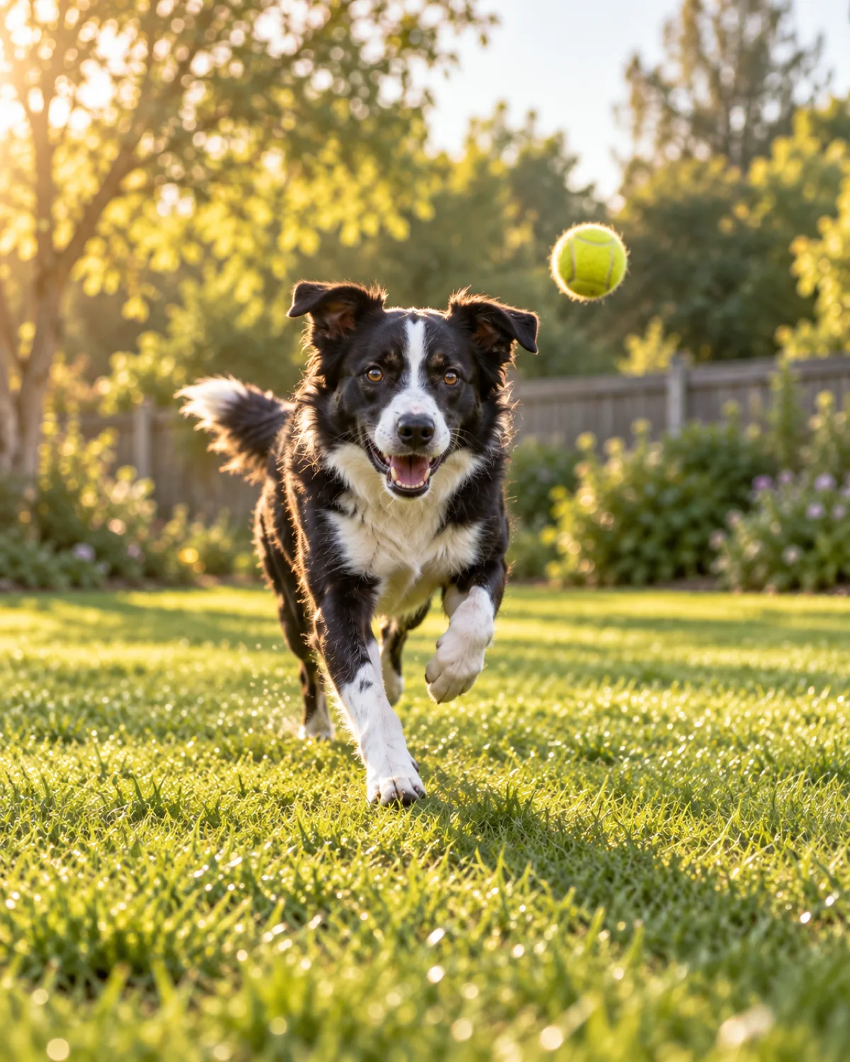 a medium athletic dog with a black-and-white coat white blaze collar and chest medium fur semi-erect ears running in a wide green fenced garden in golden morning light full body visible in a dynamic galloping stride toward a yellow tennis ball in the air ahead backlit rim light on the fur dewy grass warm golden hour atmosphere