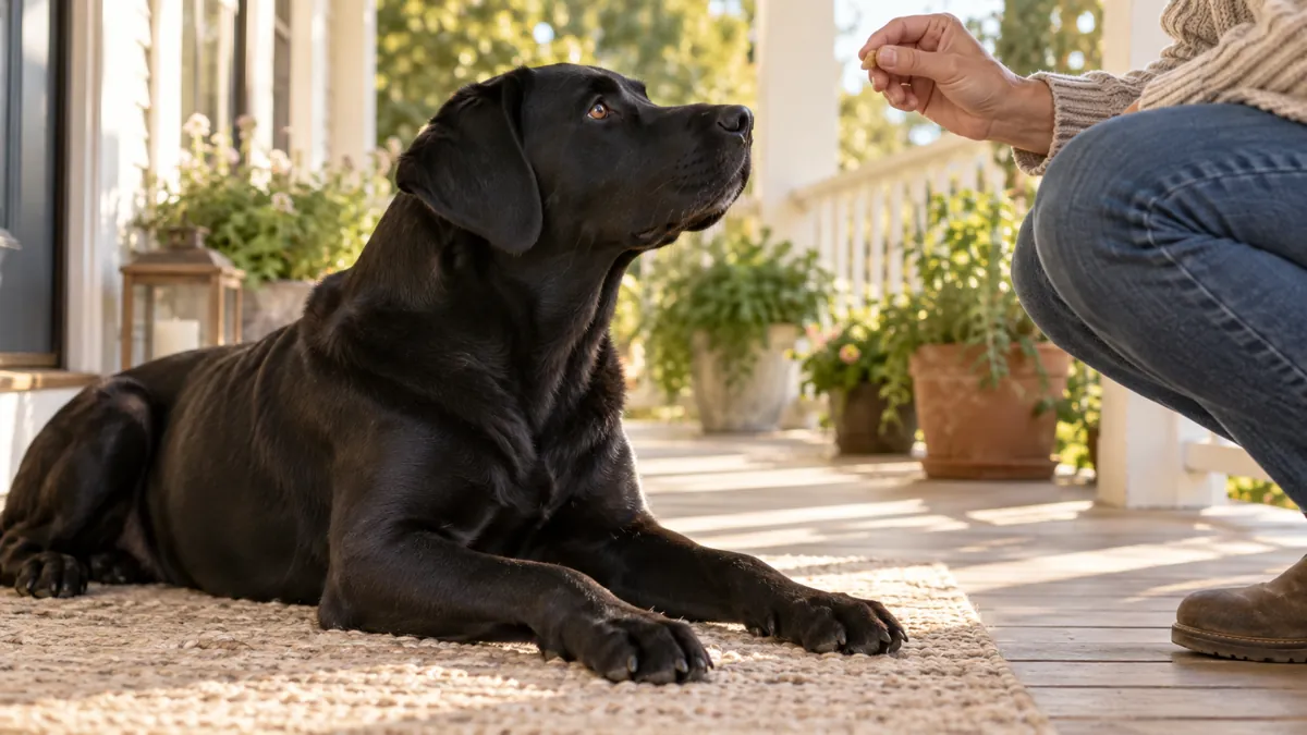 a large solid-black short-coated dog with floppy ears lying in a calm down on a woven mat on a sunlit wooden front porch looking up at a crouching person holding a tiny treat