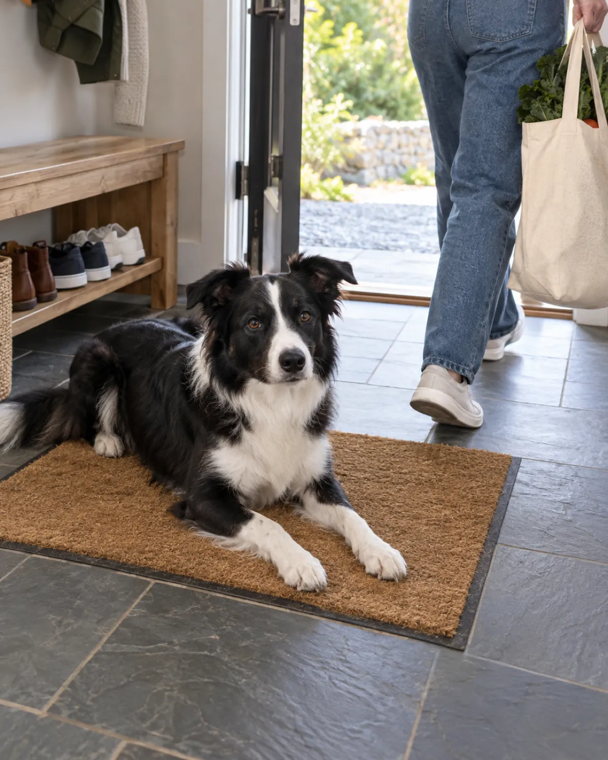 a medium black-and-white dog with a white blaze lying in a relaxed down on a doormat in a slate-tiled entryway while a person carrying a grocery tote walks past the open front door