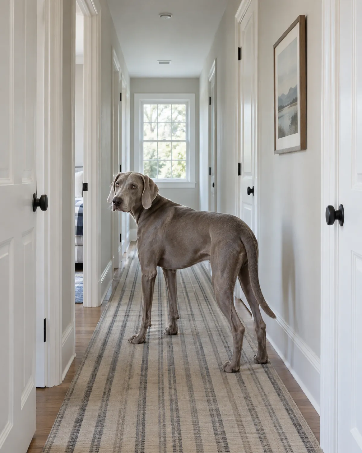 a large silver-grey short-coated dog with floppy ears standing in a quiet upstairs hallway with a striped runner rug looking back over its shoulder