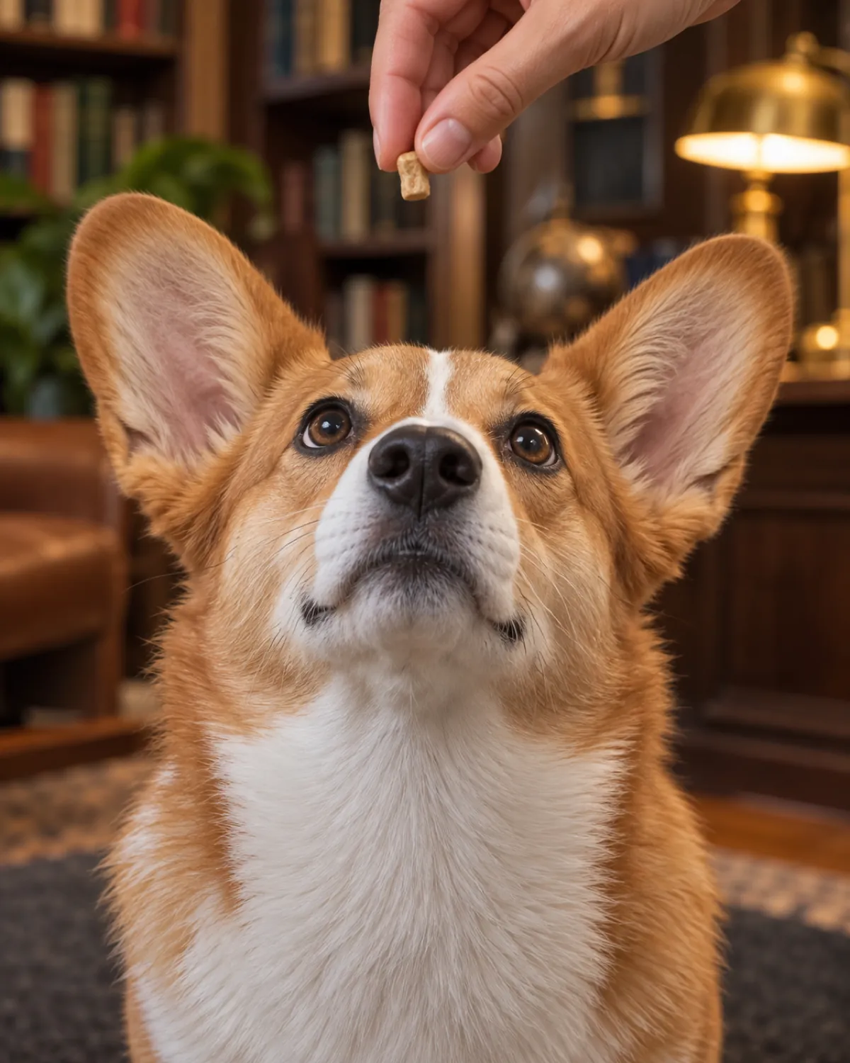 a small red-and-white dog with oversized erect ears sitting on a felt mat and gazing up at a tiny treat held just above its nose in a warm home study