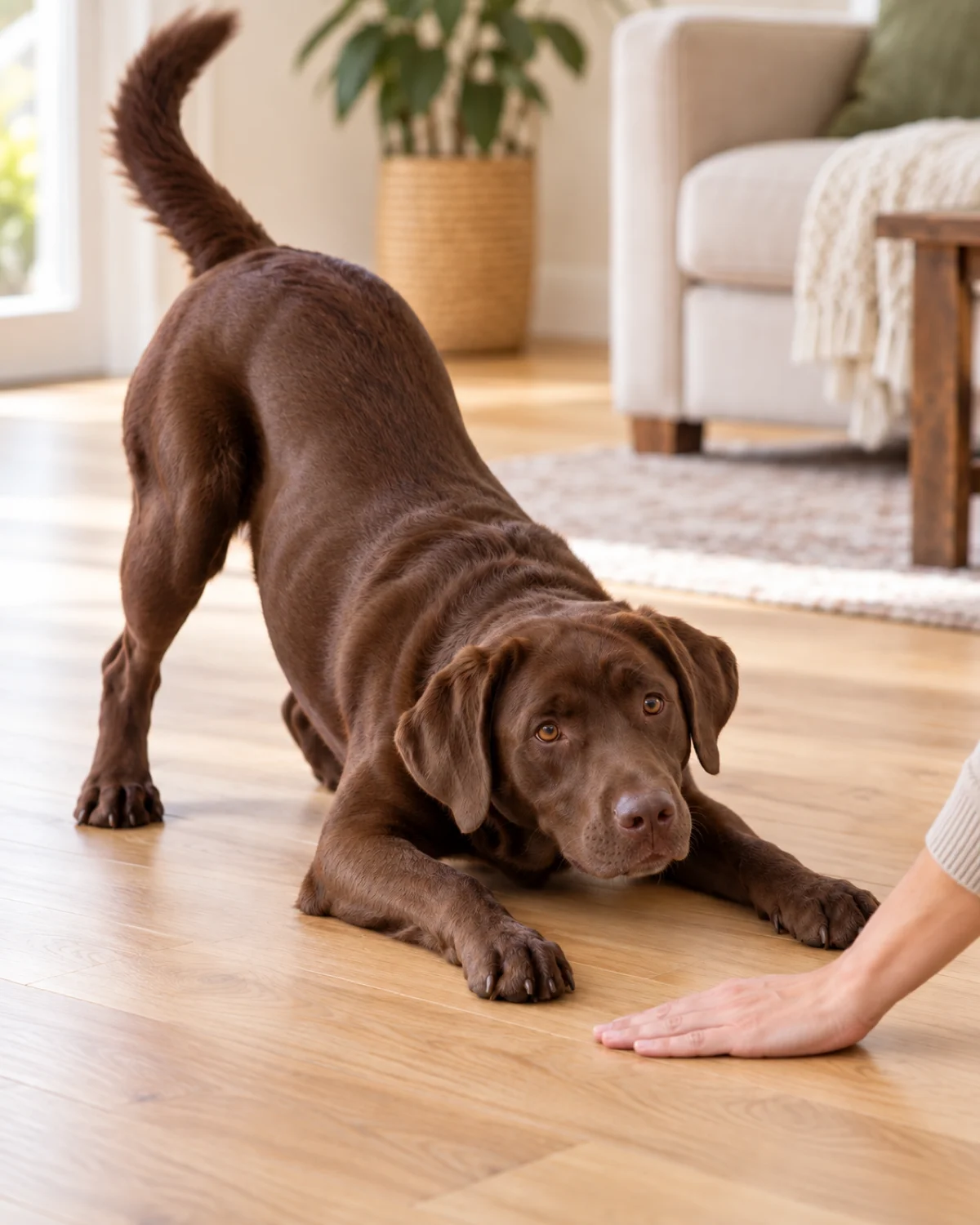 a large solid chocolate-brown short-coated dog with floppy ears and athletic build in mid-motion lowering the front half of the body toward the floor front legs bending at the elbows while rear end is still slightly elevated following a hand held low near the floor hand with five fingers naturally together flat thumb low on a light wood floor soft warm indoor light