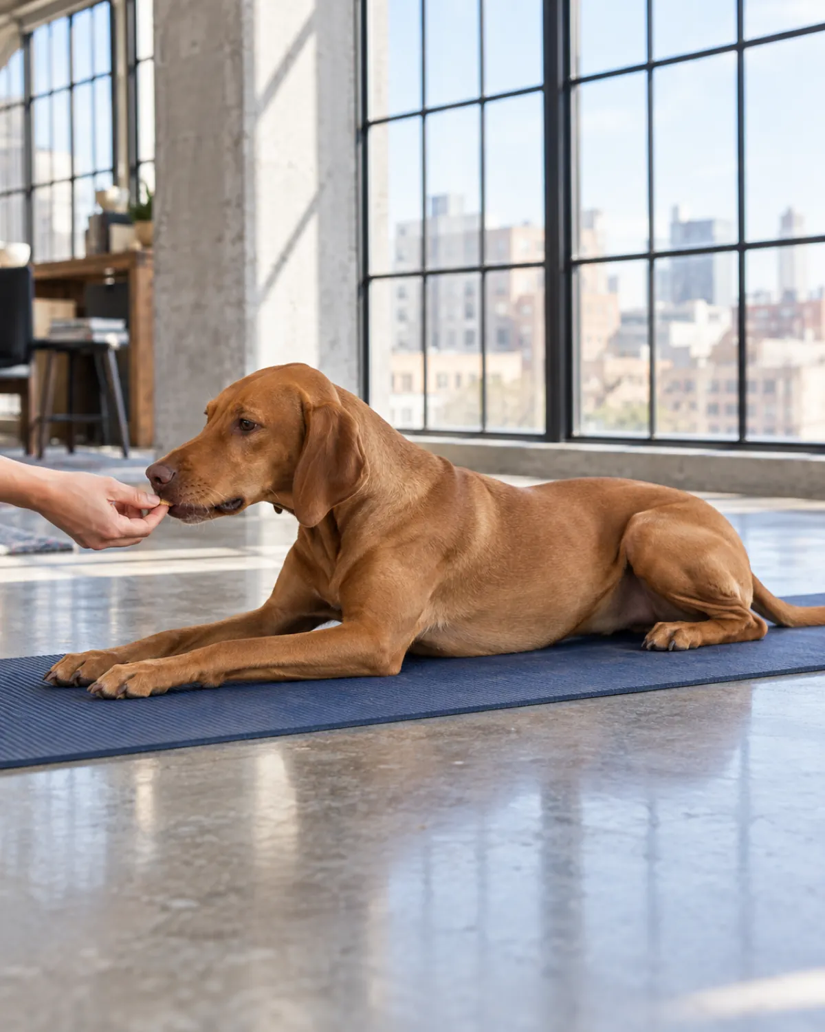 a rusty golden-brown sleek dog lying fully down on a navy yoga mat gently taking a treat from a hand at floor level in a bright loft with a concrete floor