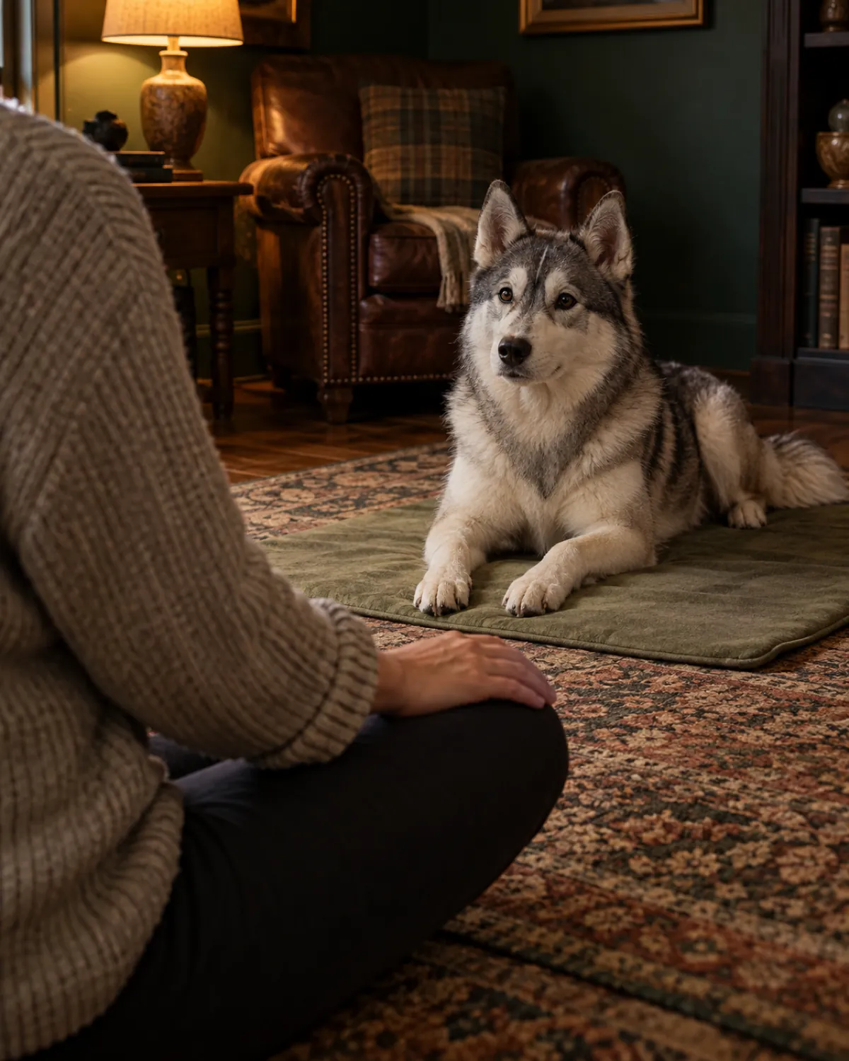 a grey-and-white double-coated dog with erect ears lying in a down on a sage-green mat facing a person sitting cross-legged on a rug in a lamp-lit den