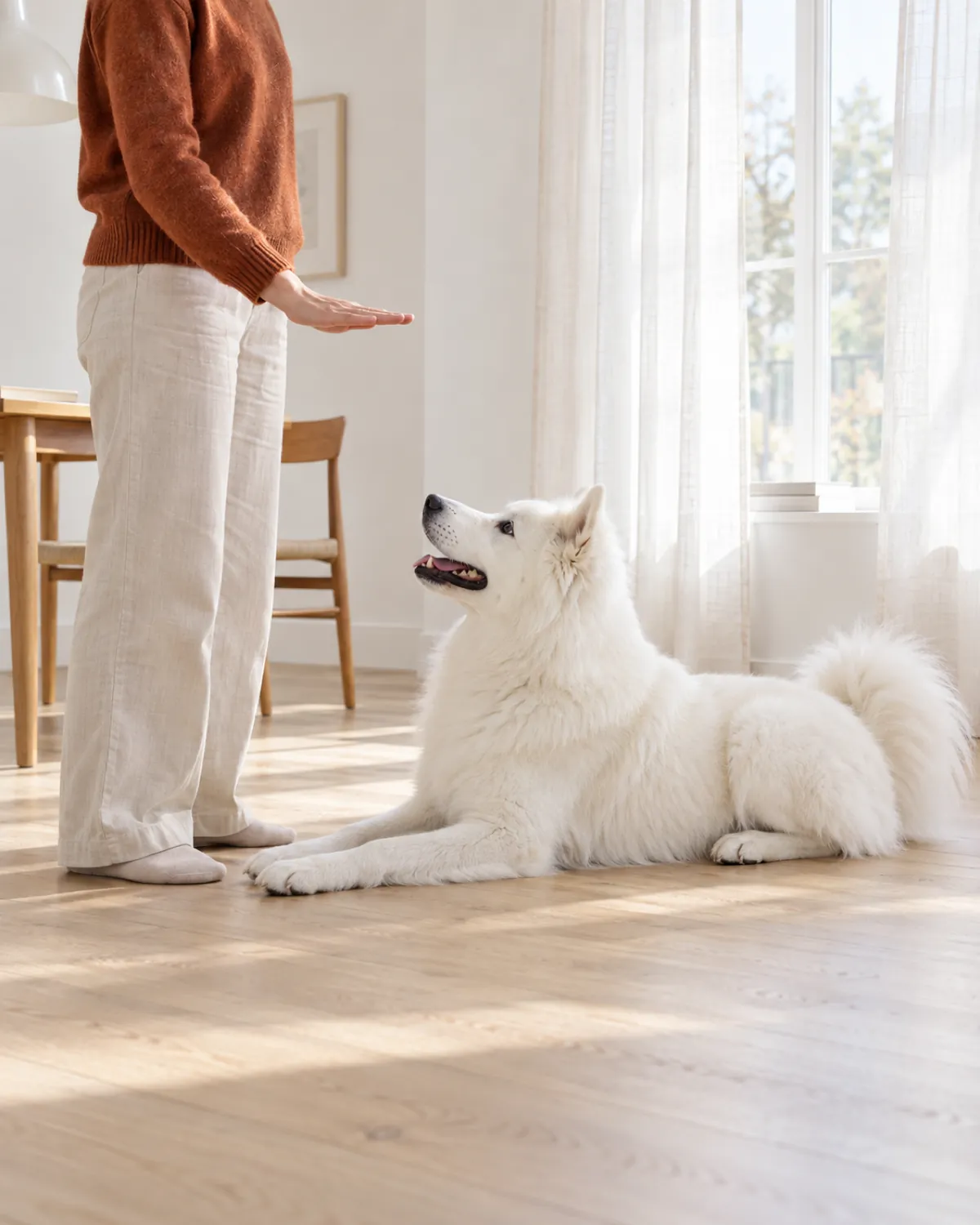 a fluffy pure-white dog with erect ears lying in a down on a pale oak floor watching a person sweep a flat palm downward at waist height in a bright white room