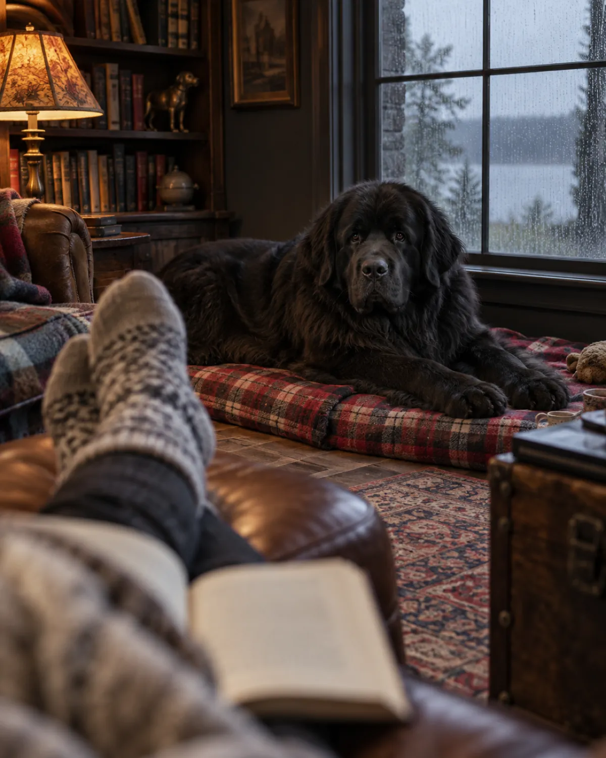 a giant black long-coated dog lying in a patient down-stay on a plaid blanket while a person reads a book with feet up by a rainy window