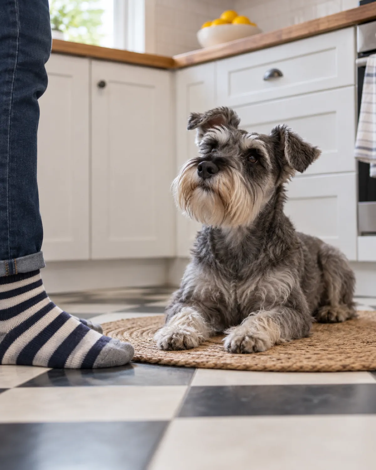 a small wiry salt-and-pepper dog with bushy eyebrows and a beard lying in a down on a jute mat on a black-and-white checkerboard kitchen floor beside a person's striped socks