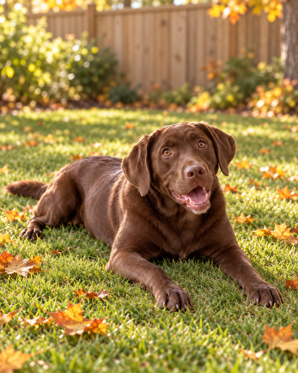 a large solid chocolate-brown short-coated dog with floppy ears and athletic build lying in a down position on green grass in a fenced backyard warm sunlight casting soft shadows a few scattered autumn leaves on the grass nearby calm focused expression looking slightly off-camera blue sky with soft clouds above