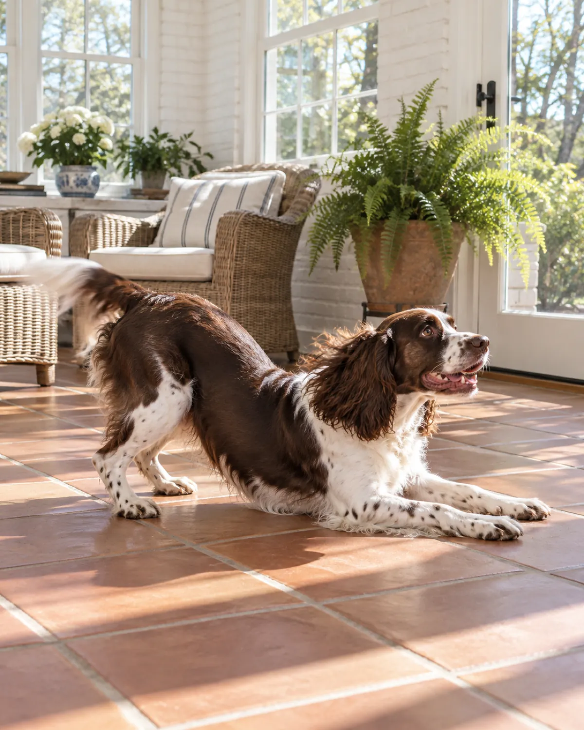 a liver-and-white spaniel-type dog with feathered ears pushing its hindquarters up out of a down on a terracotta-tiled sunroom floor with an eager expression