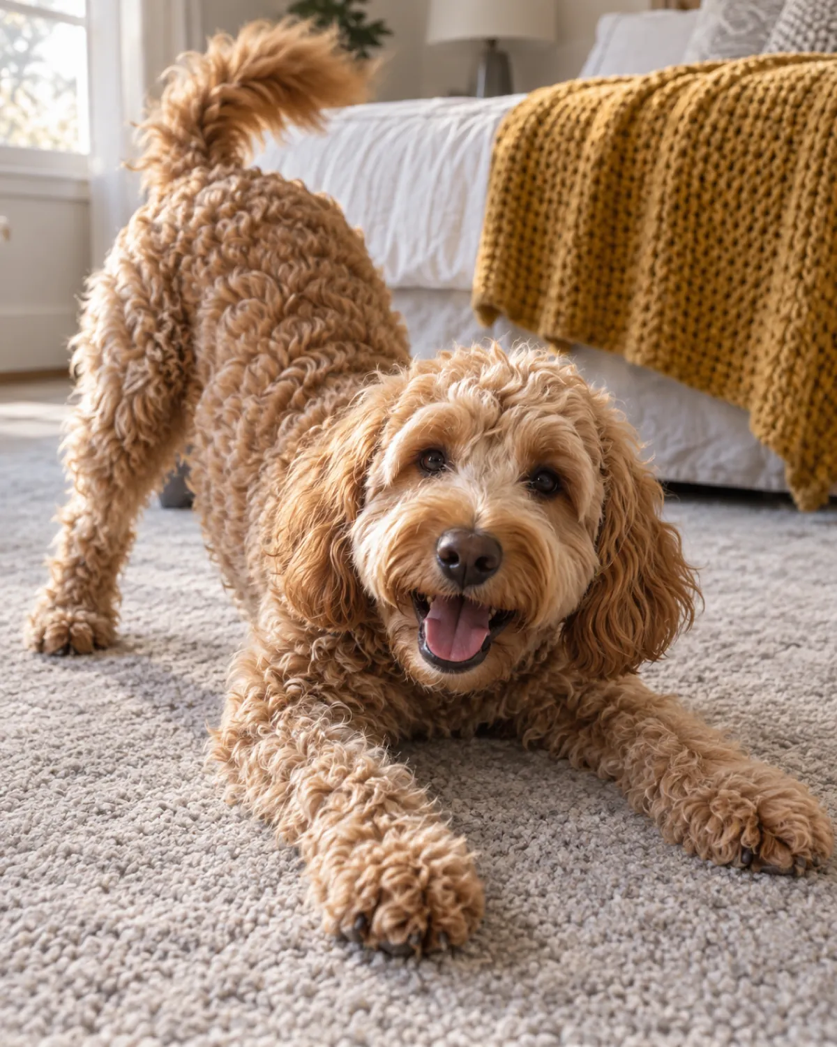 a shaggy apricot curly-coated dog in a playful play bow with its rear end raised and tail up on a grey carpet at the foot of a bed