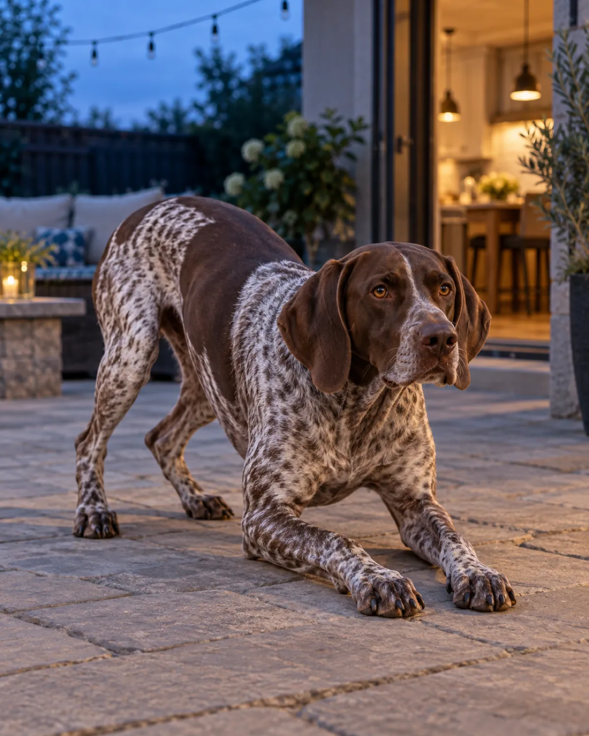 a lean liver-and-white ticked dog folding from a stand into a down on a stone patio at dusk with warm kitchen light behind