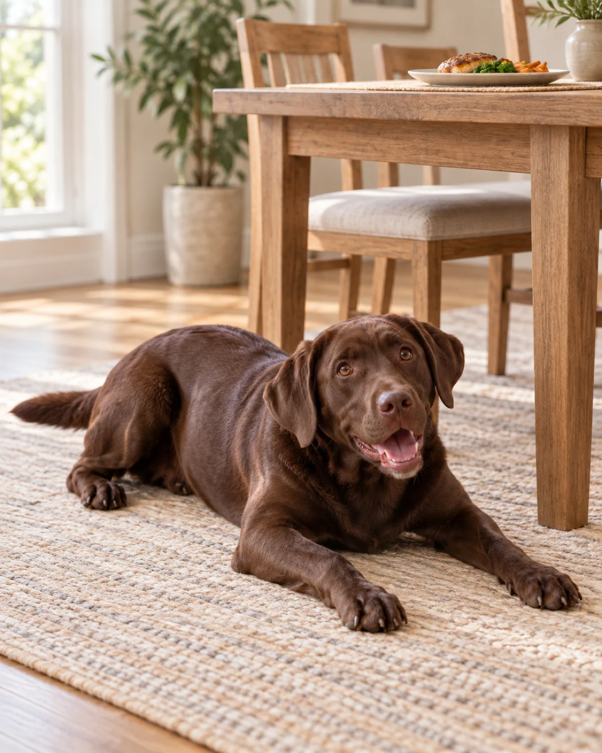 a large solid chocolate-brown short-coated dog with floppy ears and athletic build lying in a calm relaxed down-stay on a light area rug beside a dining table with chairs a dinner plate and glass visible on the table above peaceful domestic dinner-time scene warm evening indoor light from overhead fixture