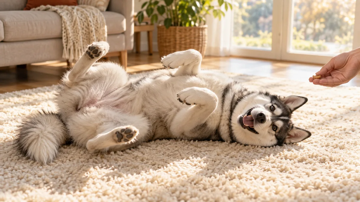 a medium athletic double-coated grey-and-white dog with erect triangular ears lying on its back mid-roll on a soft cream living room rug with legs relaxed in the air