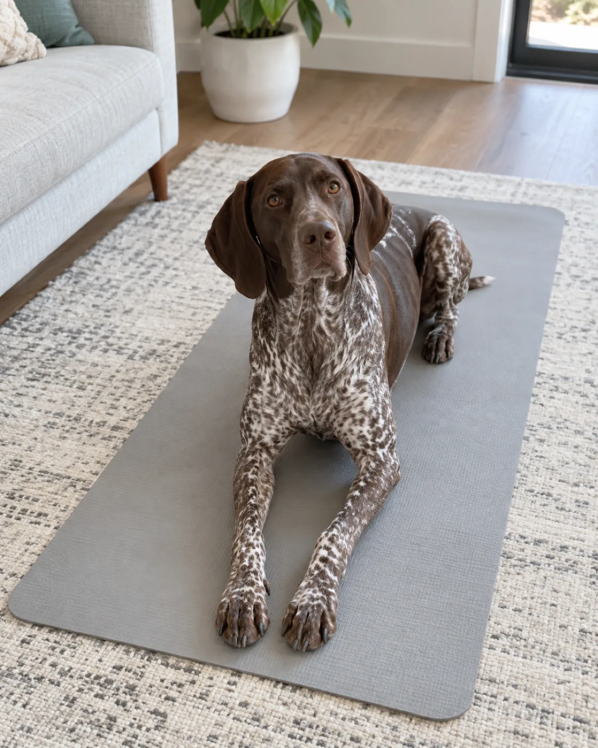 a large lean dog with a short liver-and-white ticked coat floppy ears and an athletic frame lying in a neat sphinx-like down position on a light grey yoga mat in a bright living room front paws extended forward calm attentive expression