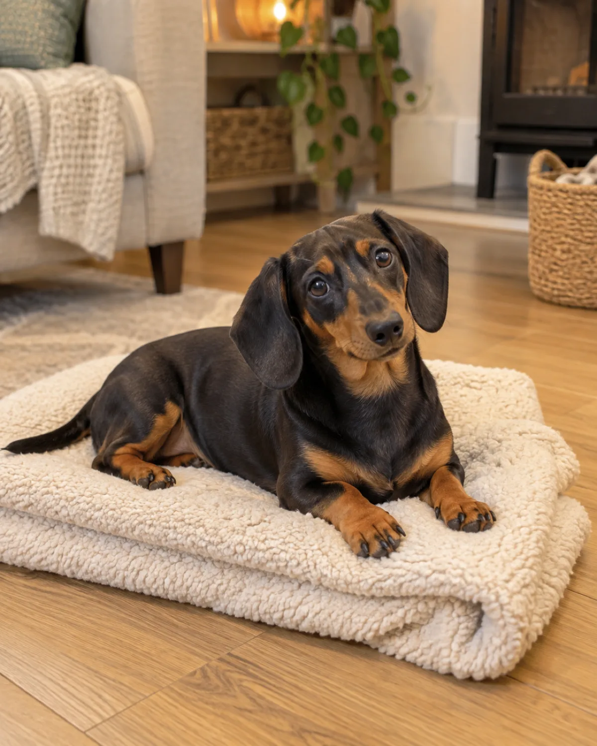 a small dog with very short legs and a long low body a smooth black-and-tan coat and long floppy ears lying on a thick folded cream blanket on a light wood floor looking up with curious tilted-head expression soft warm overhead light