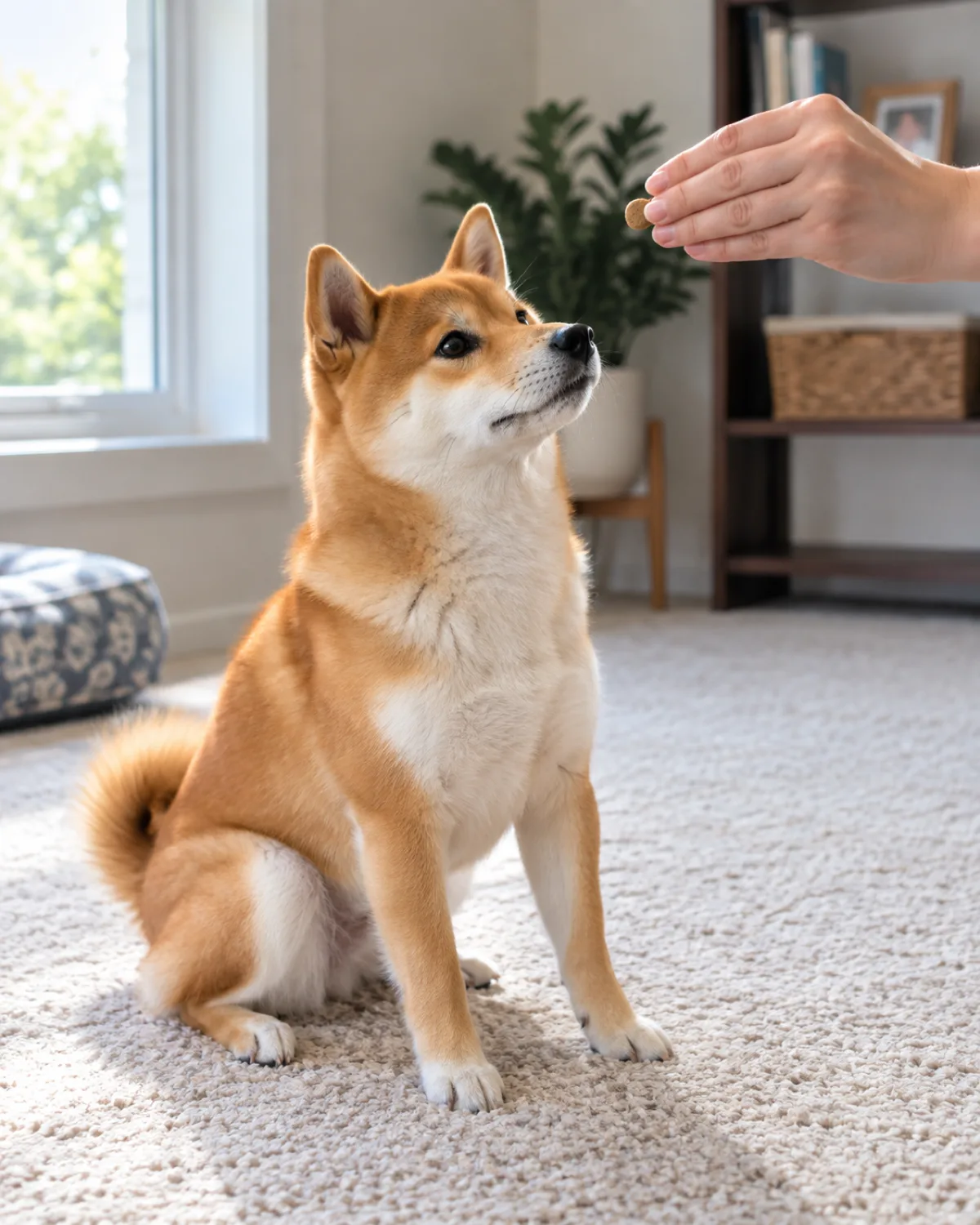 a small compact dog with a thick orange-red double coat and white underside erect ears a curled tail and a fox-like face sitting alert on a cream carpet in front of a person hand holding a small treat between fingers at nose level bright natural light focused intense expression