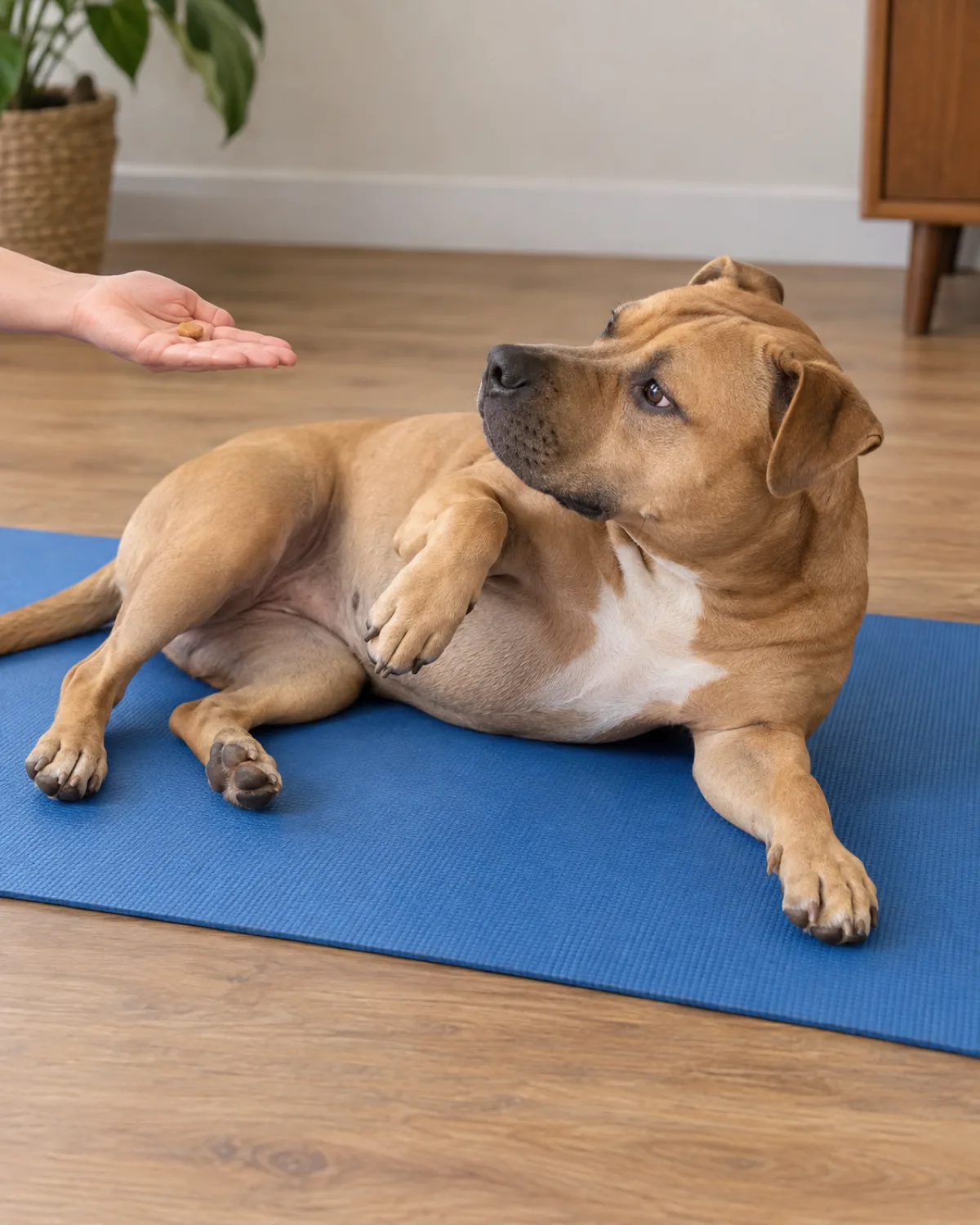 a medium muscular dog with a broad blocky head wide-set eyes a short smooth fawn coat and a strong jaw lying on its side on a soft blue yoga mat head tilted back following a treat held near its shoulder warm indoor light beginning-of-roll posture