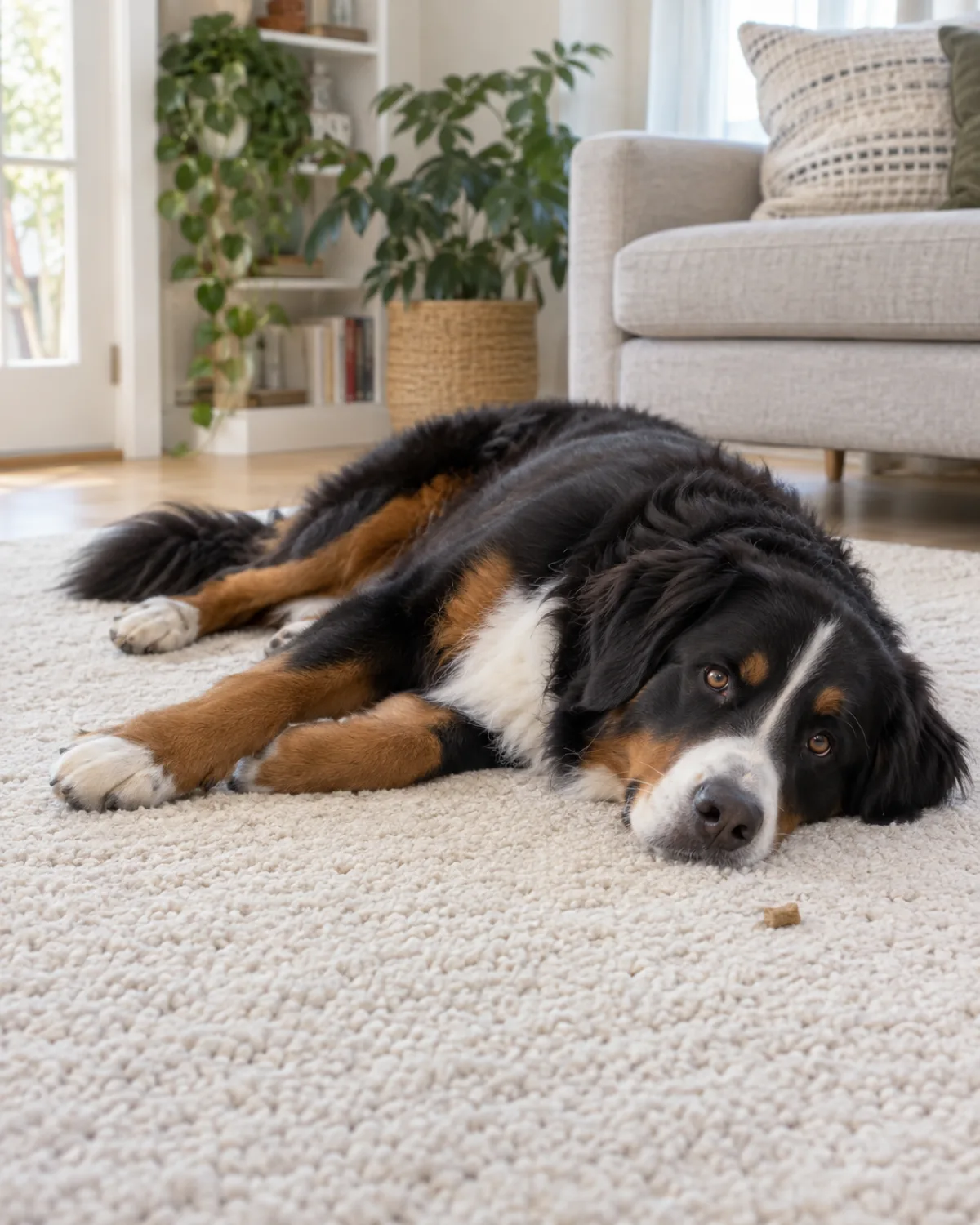 a large sturdy dog with a thick tricolor coat black body rust eyebrows and legs white chest blaze and floppy ears lying on its side on a plush cream rug one hip dropping toward the floor tail relaxed a small treat visible just past its nose bright living room