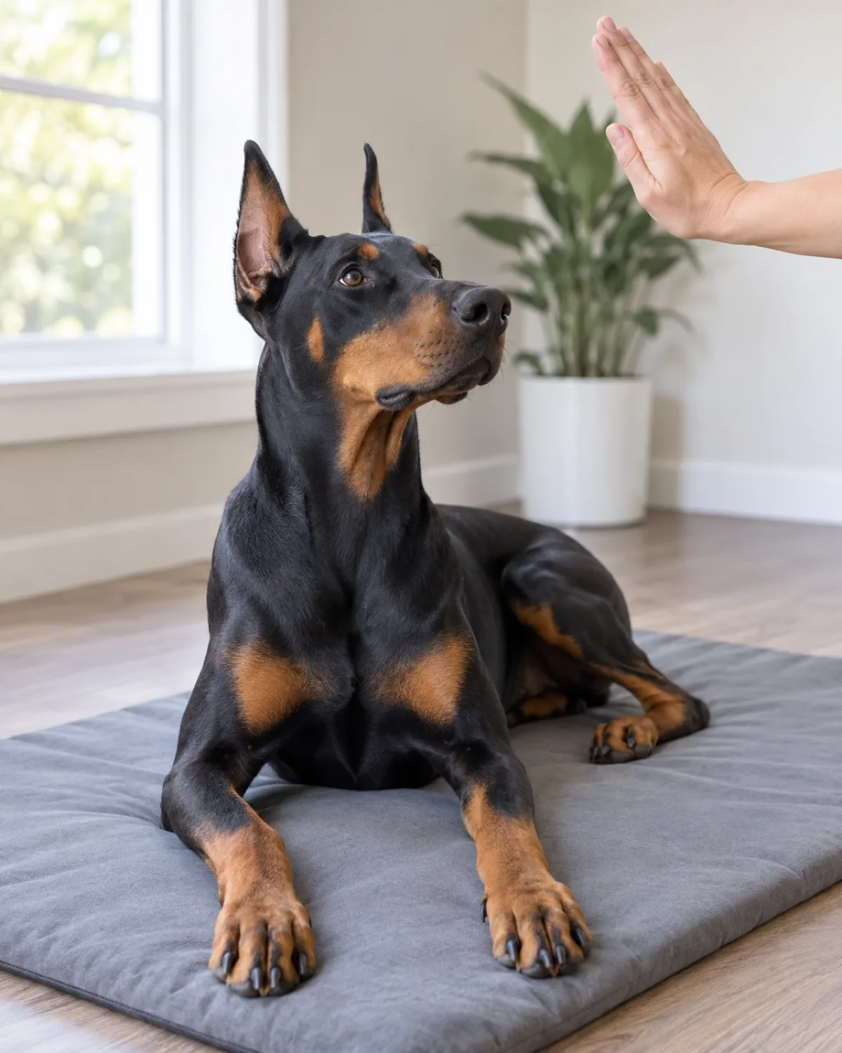 a large lean muscular dog with a sleek black-and-tan short coat sharp rust points upright ears and a long muzzle lying on a grey padded mat looking up attentively at a person open palm held above at chest height bright natural light focused alert expression