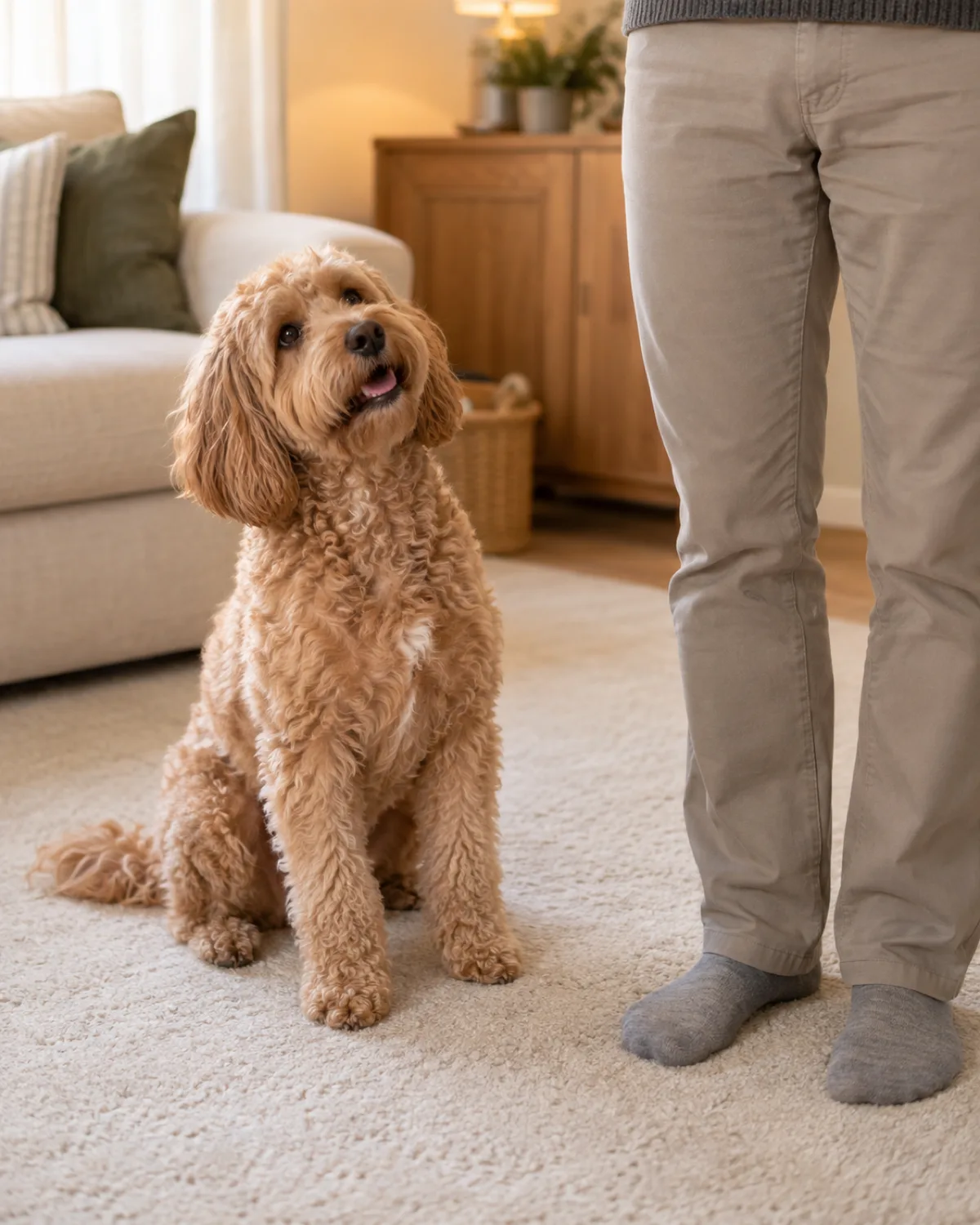 a medium dog with a soft shaggy wavy-to-curly apricot coat floppy ears and a rounded teddy-bear face sitting on a cream carpet head tilted slightly a person standing nearby visible from waist down only warm living room light eager anticipating expression