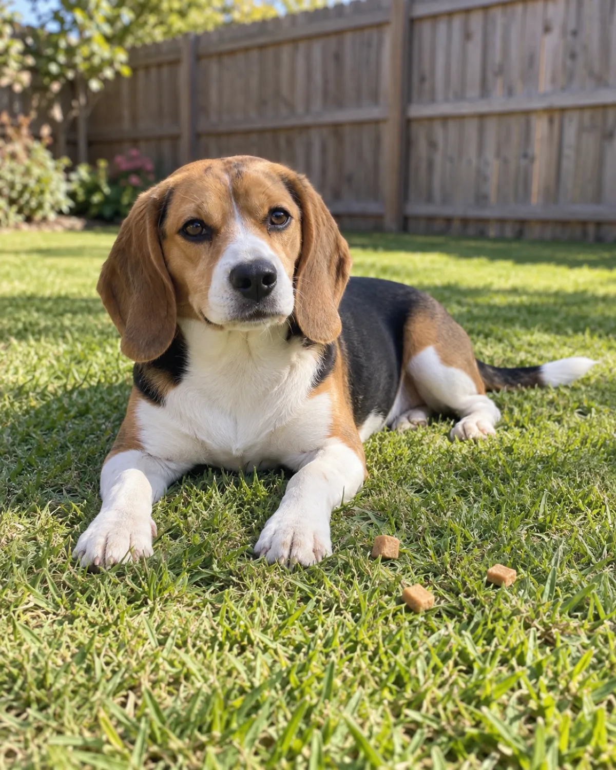 a small sturdy tricolor black white and tan short-coated hound with long low-set floppy ears lying in a relaxed down on a sunny patch of short green grass in a fenced backyard a few small training treats scattered on the grass bright outdoor afternoon light