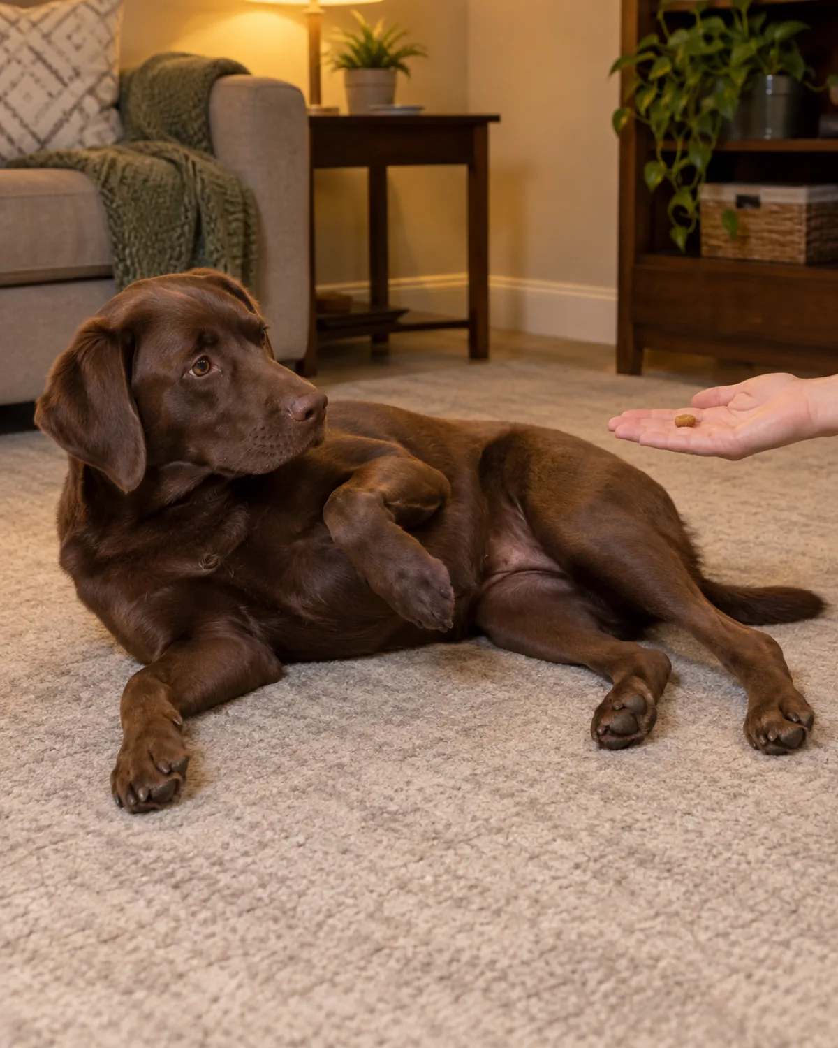 a large solid chocolate-brown short-coated dog with floppy ears athletic build lying on its side on a carpet hesitating mid-roll with front legs slightly braced looking at a treat held near the opposite shoulder warm lamp light living room uncertain but engaged expression