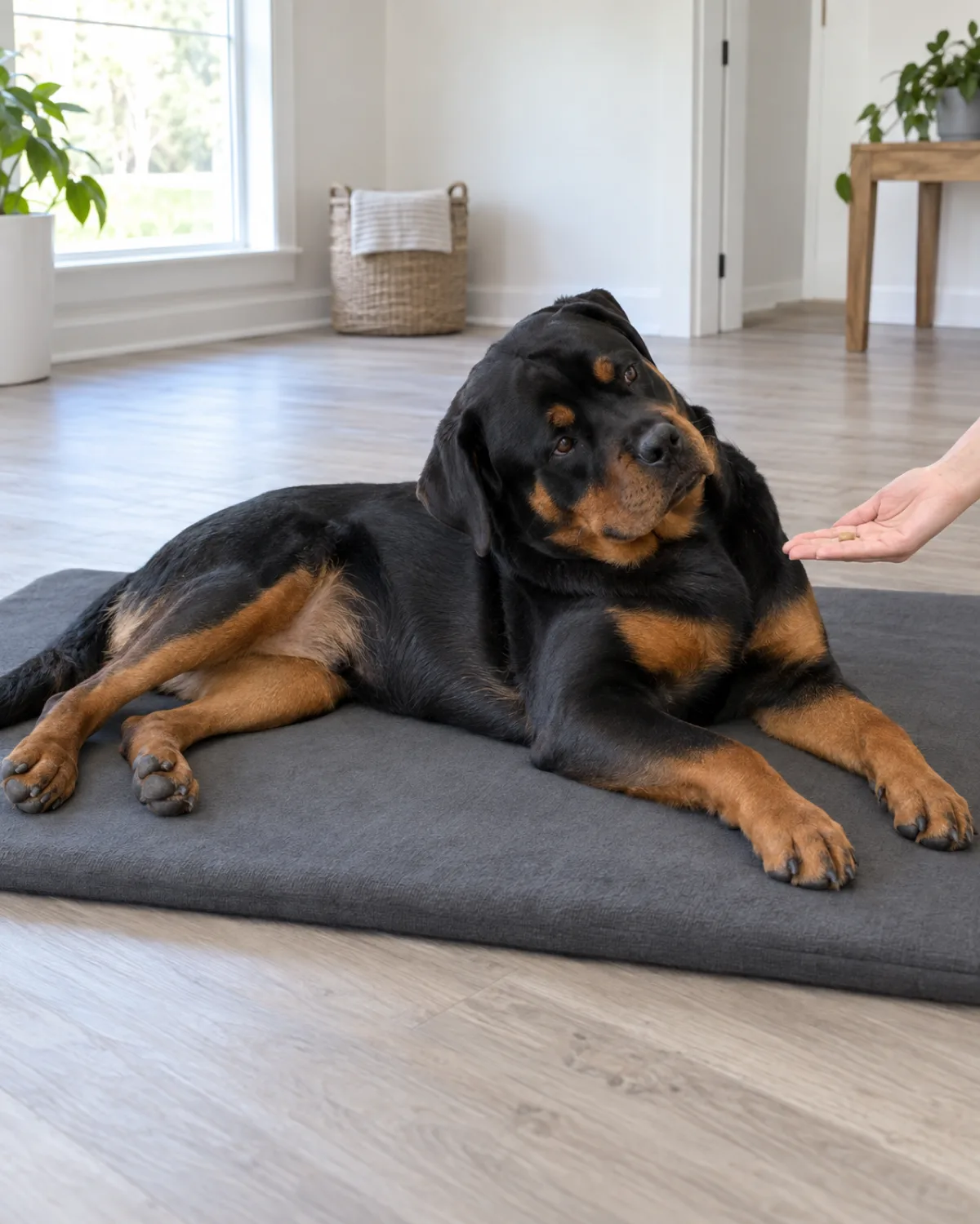 a large powerful black-and-tan short-coated dog with a broad blocky head and floppy ears lying on a thick padded exercise mat in a spacious room a person hand guiding a treat in a wider arc around the broad chest area bright overhead light calm cooperative expression