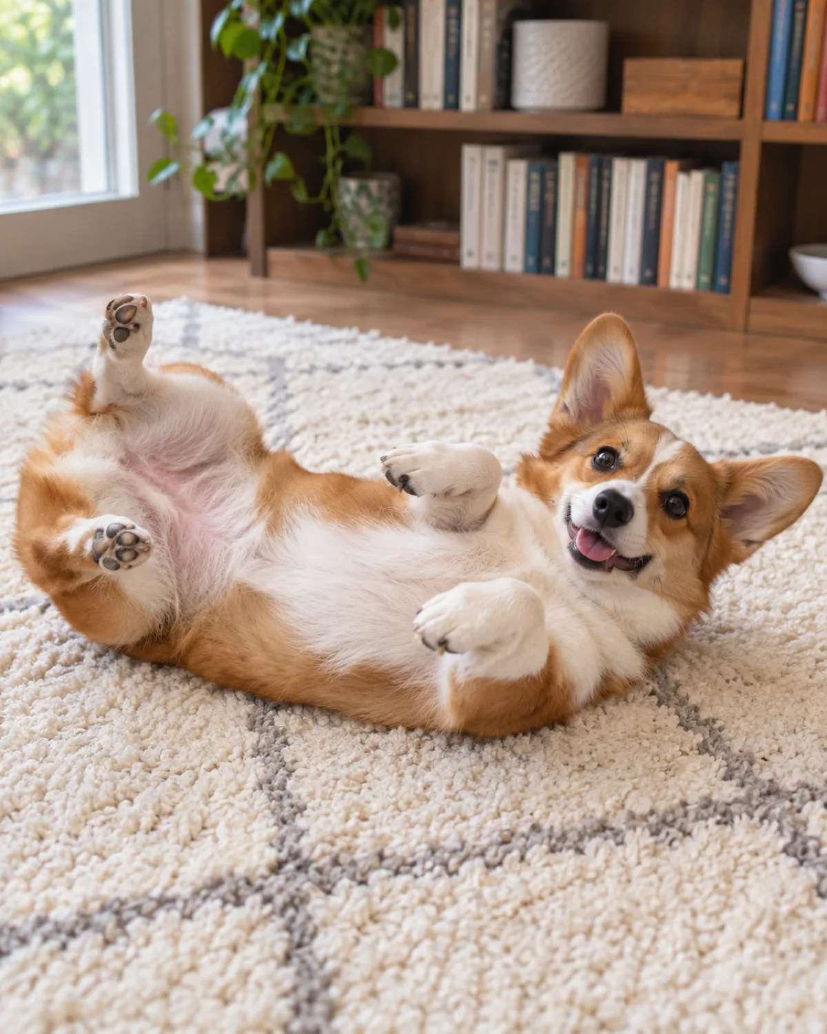 a small dog with very short legs and a long low body a red-and-white coat oversized erect ears and a foxy face performing a full roll over on a soft cream rug in a room with a bookshelf background mid-roll belly up with legs in the air bright natural light happy playful expression