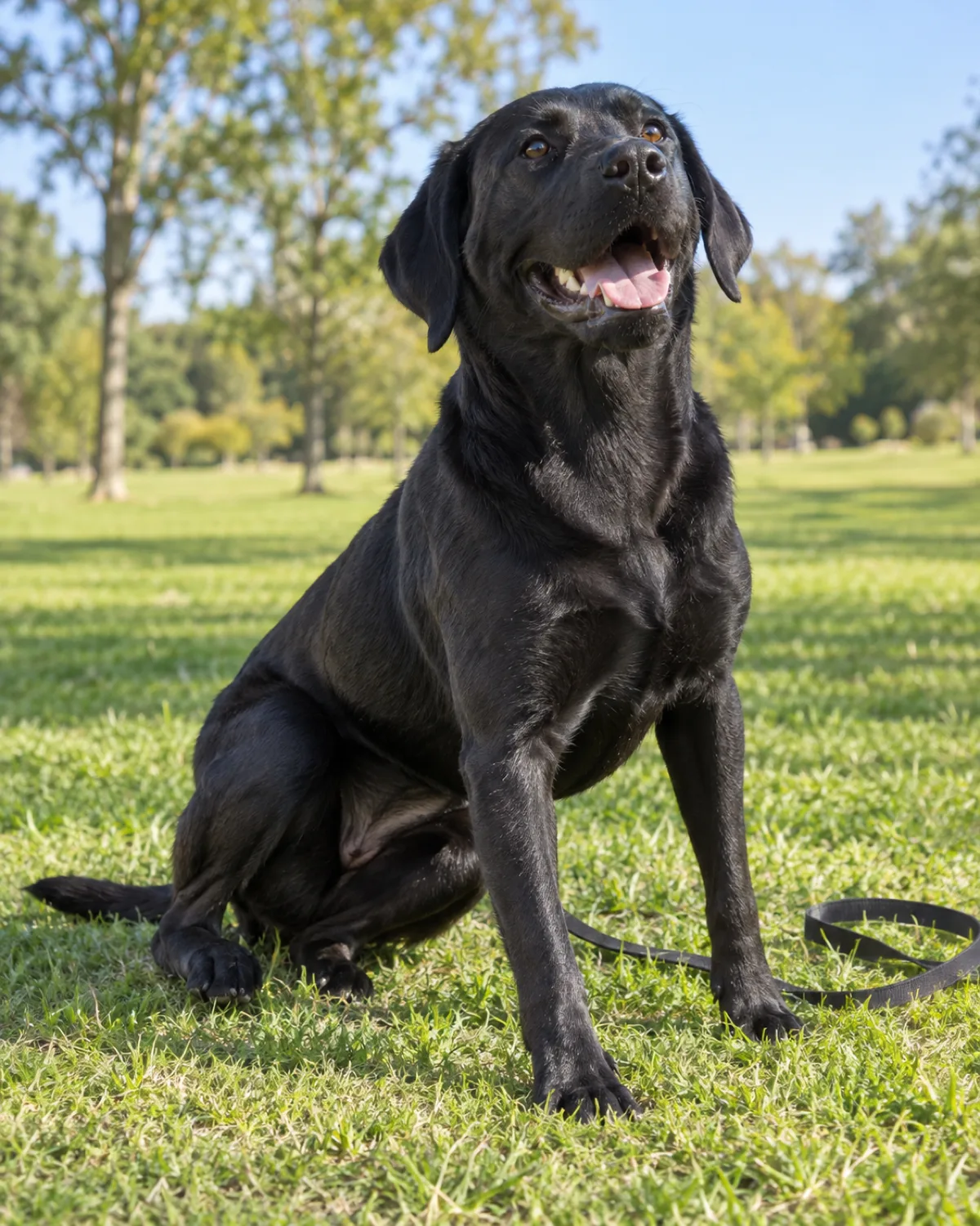 a large athletic solid-black short-coated dog with floppy ears and a glossy coat performing a smooth roll over then immediately sitting up on a grassy park lawn transitioning from roll to sit position bright outdoor sunlight proud accomplished expression leash visible loosely on the ground