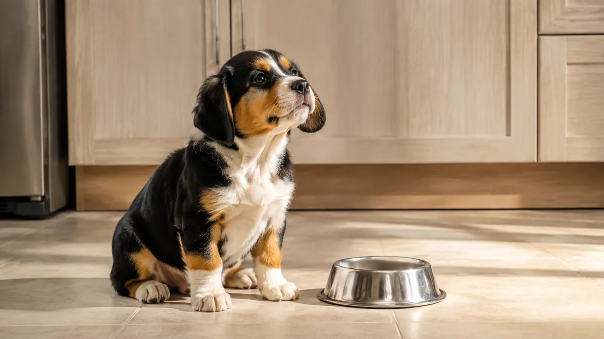 a small sturdy tricolor black white and tan short-coated puppy with long low-set floppy ears sitting next to a stainless steel bowl on a cream kitchen floor with bright natural sidelight from window and pale wood cabinets behind