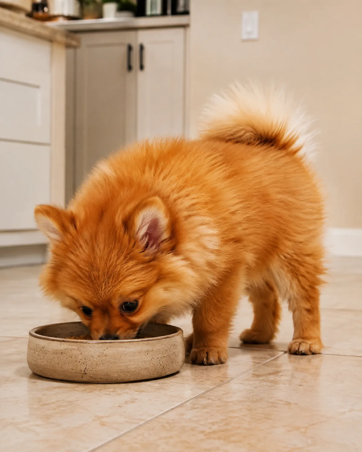 a tiny fluffy orange double-coated puppy with small erect ears and a plumed tail eating from a shallow ceramic bowl on pale tile floor in a bright kitchen with warm overhead light and cream walls