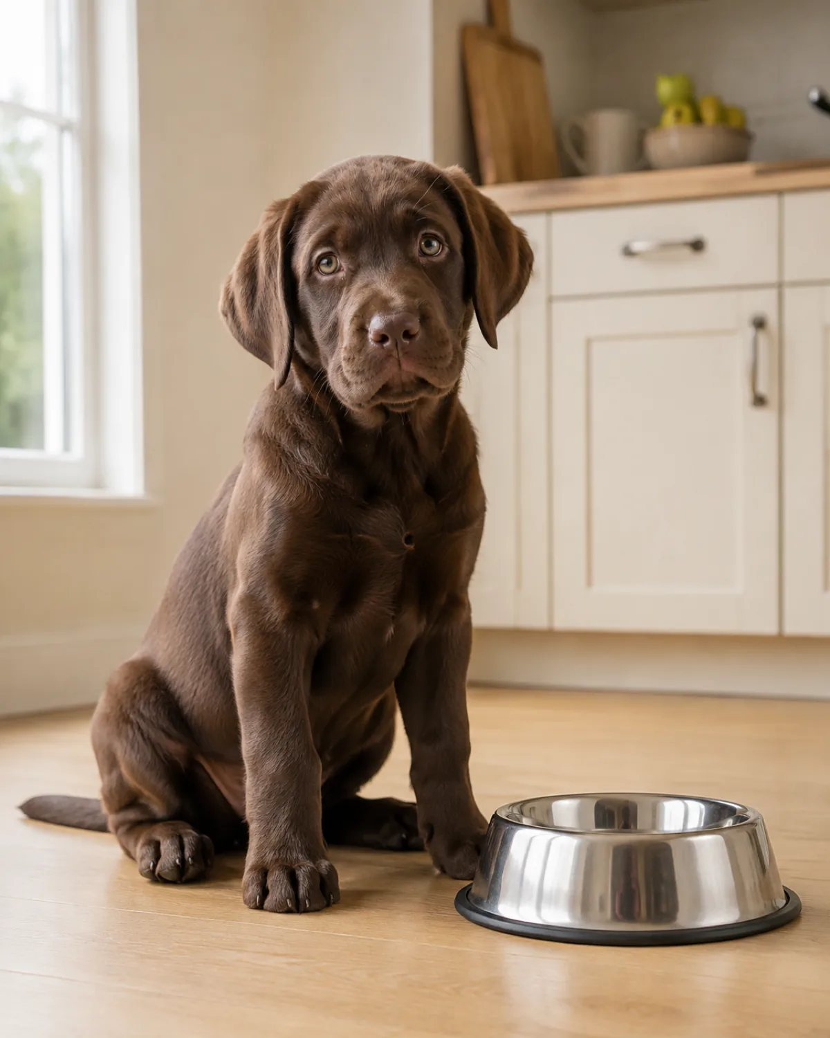 a medium chocolate-brown short-coated puppy with floppy ears and a soft round face sitting beside a stainless bowl on pale wood floor with morning light from left window and cream kitchen background