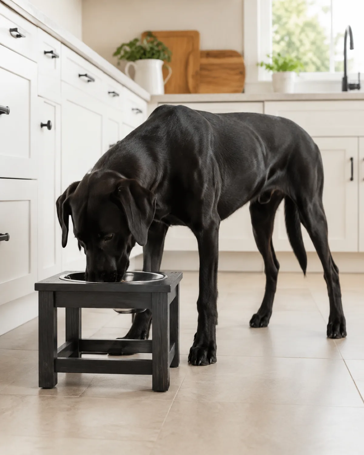 a large athletic solid-black short-coated young dog with floppy ears and glossy coat eating calmly from a raised bowl on pale tile in a bright kitchen with white cabinets and warm natural light