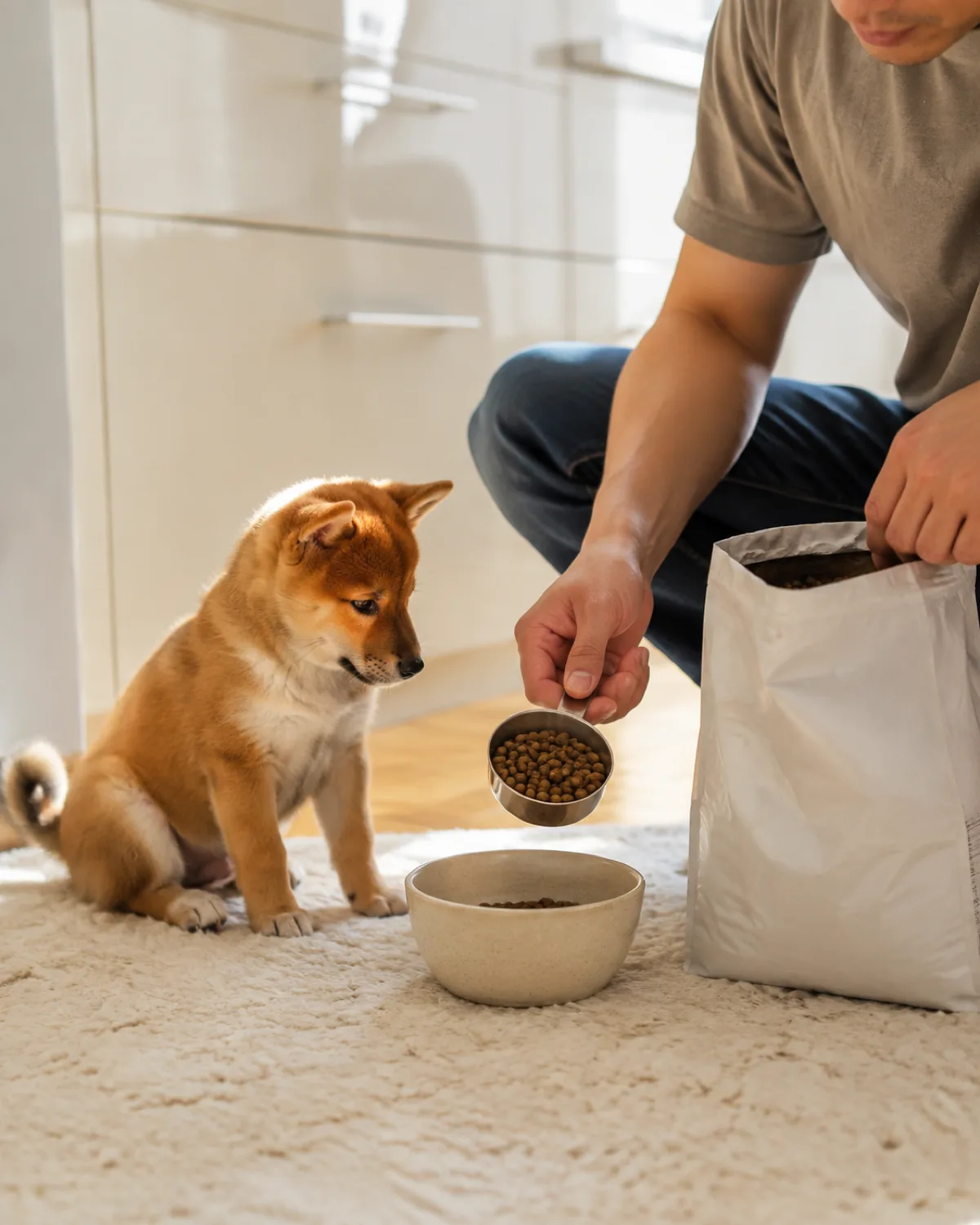 a small compact dog with a thick orange-red double coat white underside erect ears and a curled tail watching the owner use a standard dry measuring cup to scoop kibble from a bag into a bowl on a cream rug in a bright kitchen