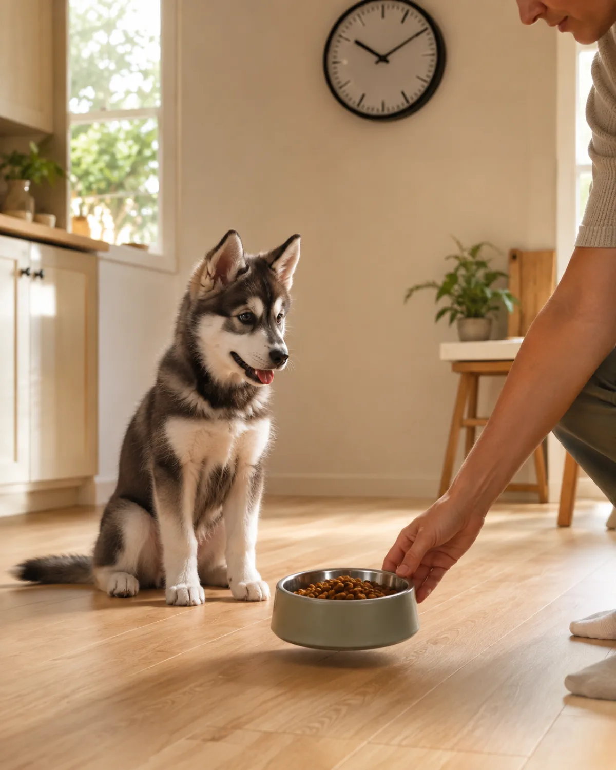 a medium athletic grey-and-white double-coated puppy with erect triangular ears and a bushy tail sitting eagerly on pale wood floor looking at owner placing a bowl down in a bright kitchen with cream walls and warm morning light