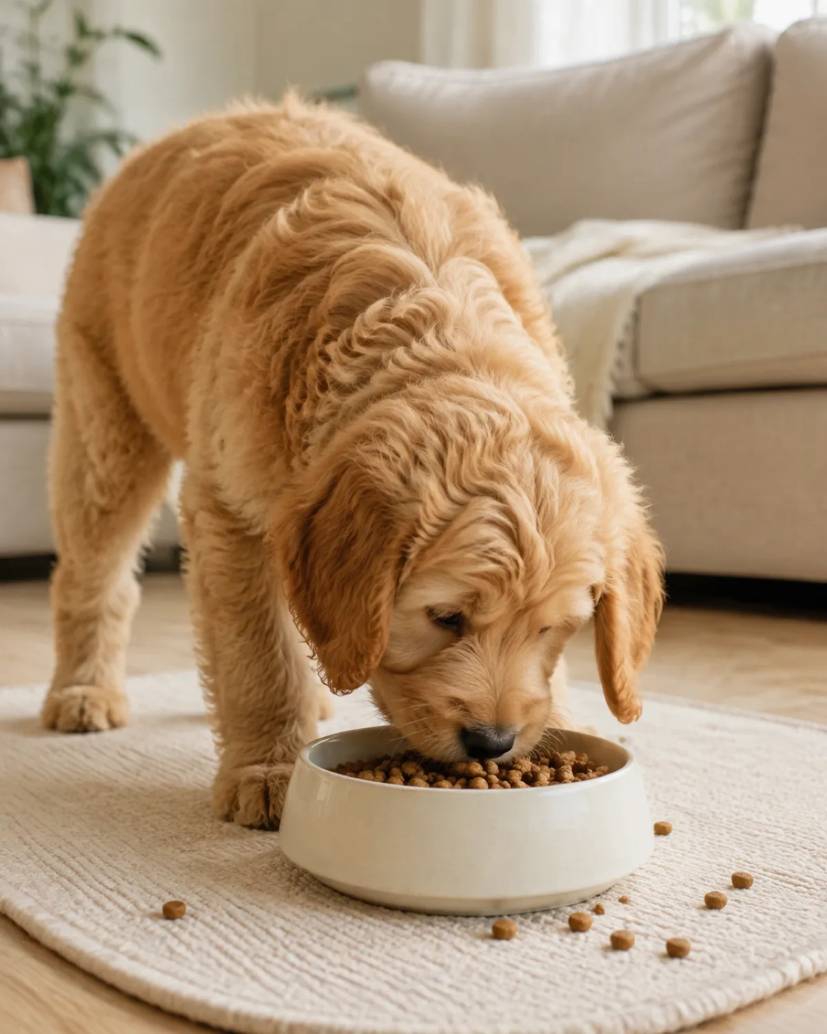 a medium shaggy wavy-to-curly golden puppy with floppy ears and a rounded teddy-bear face grazing lazily from a half-full bowl on a cream mat in a bright living room with pale sofa behind soft natural light and a few scattered kibble around bowl