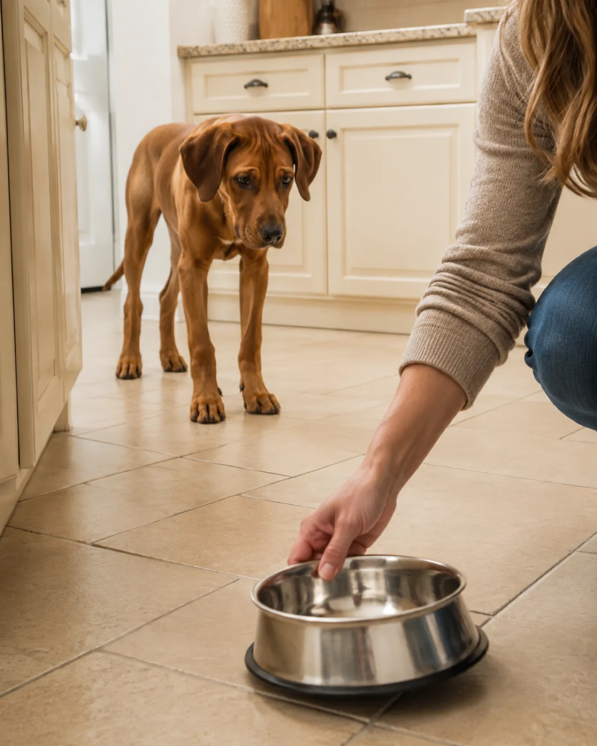 a large lean rusty golden-brown short-coated puppy with floppy ears and an athletic frame watching from a few steps away as owner picks up a stainless bowl from pale tile floor in a bright kitchen with cream cabinets